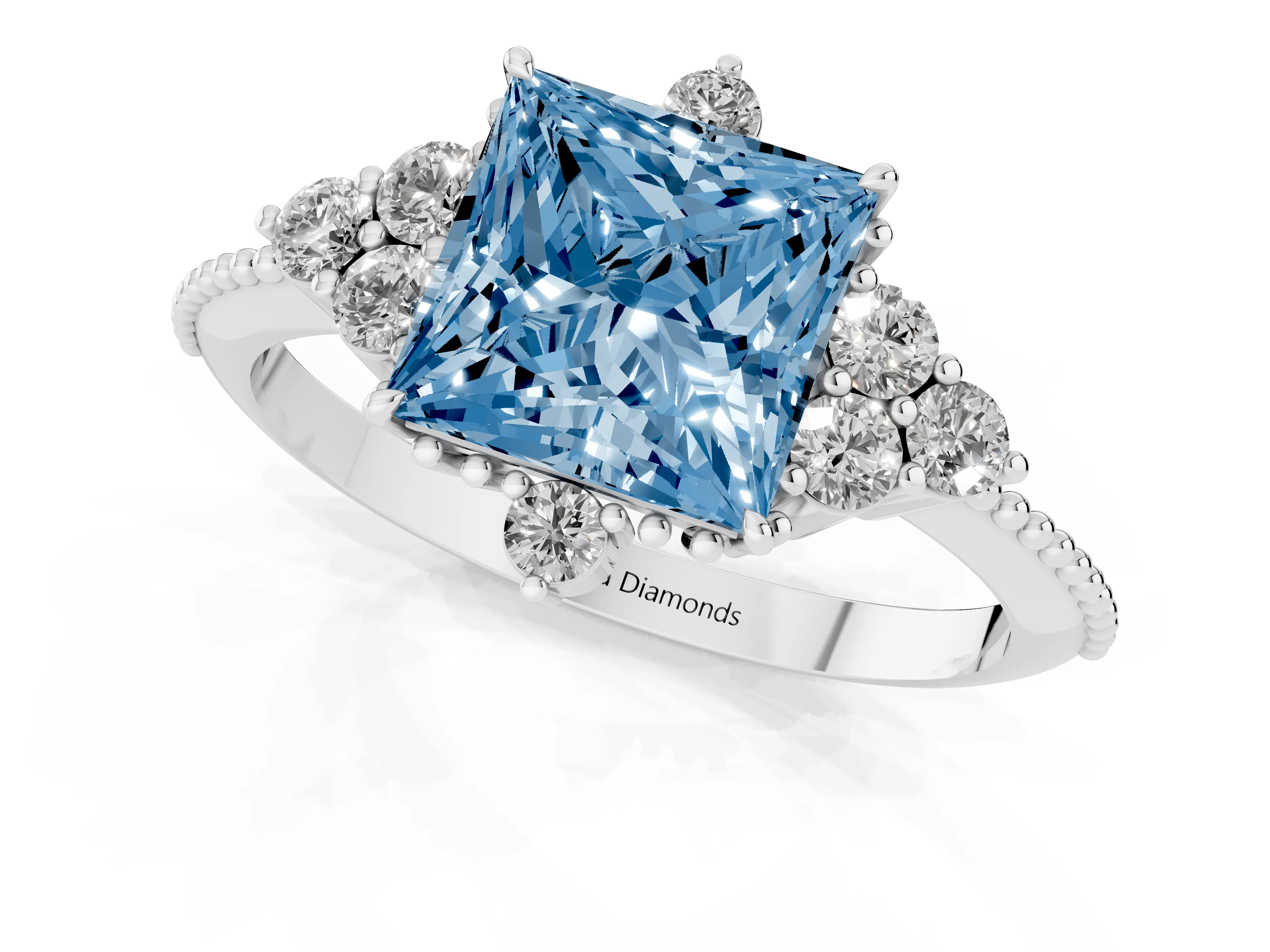 Fancy Blue Princess Cut Diamond Cluster Ring Set in Silver with Beaded Band