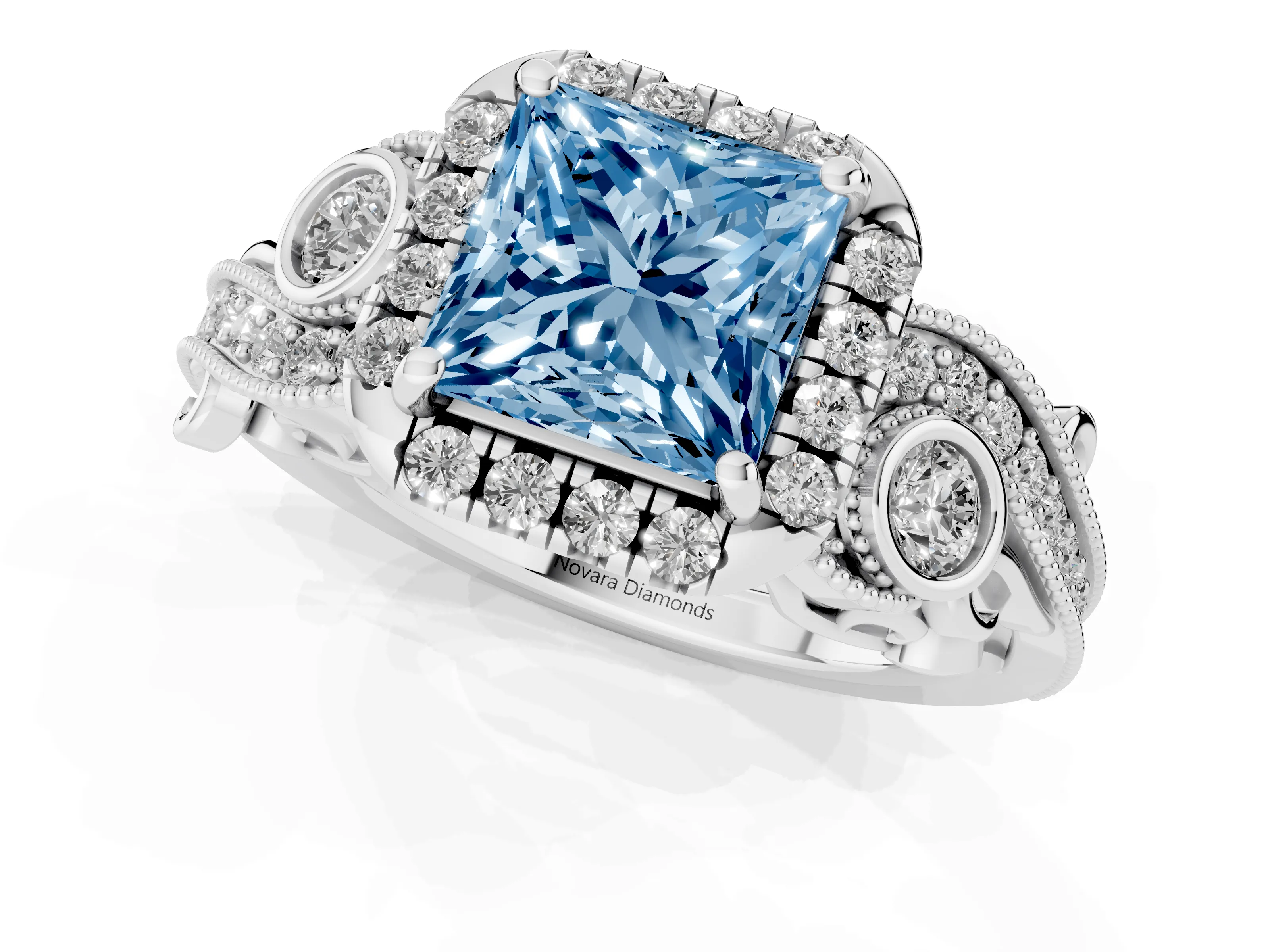Fancy Blue Princess Cut Diamond Halo Split Shank Ring Set in Silver with Milgrain and Bezel Accents