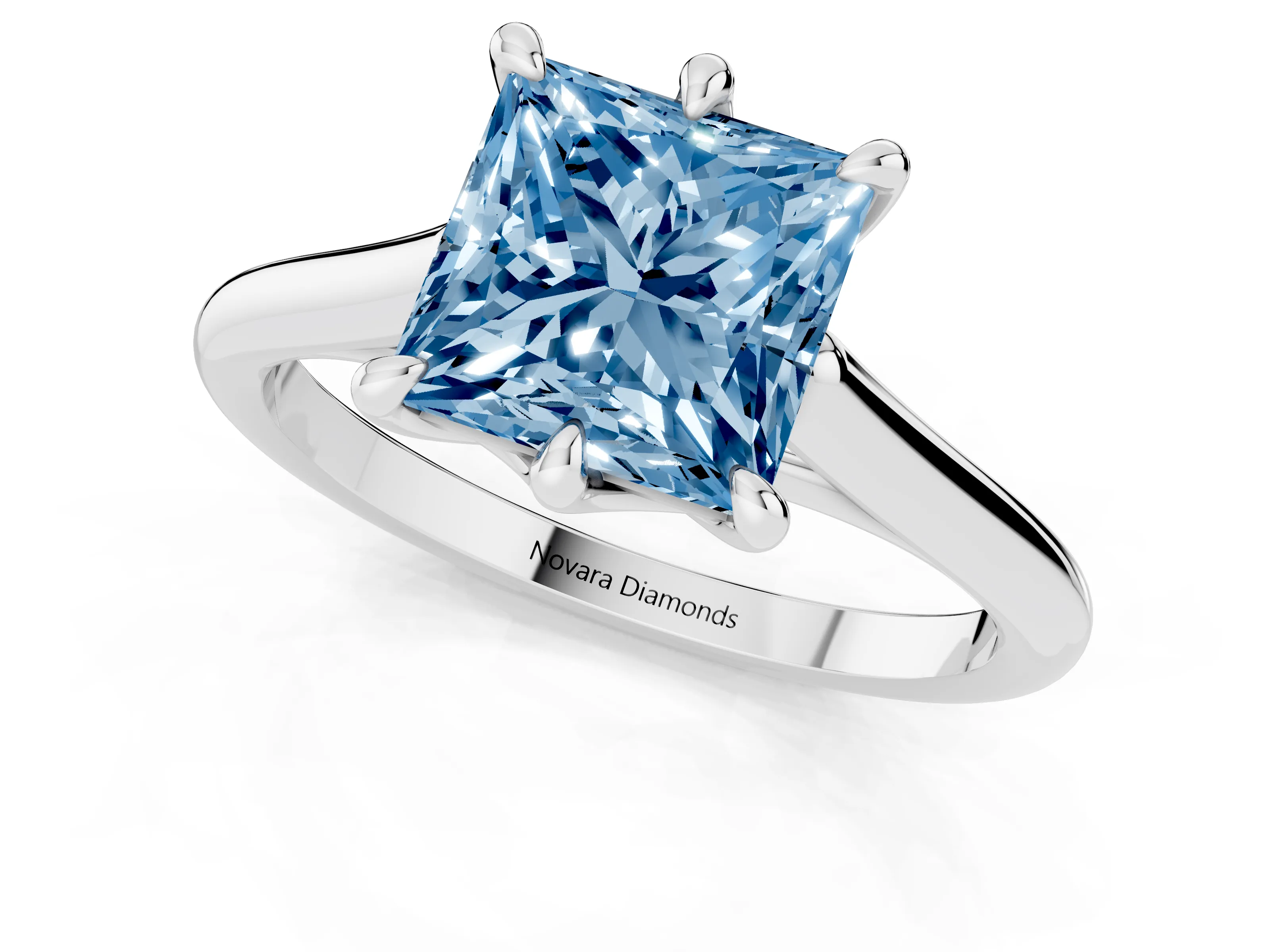 Fancy Blue Princess Cut Diamond Solitaire Engagement Ring Set in White gold with Prong Setting and Plain Classic Band