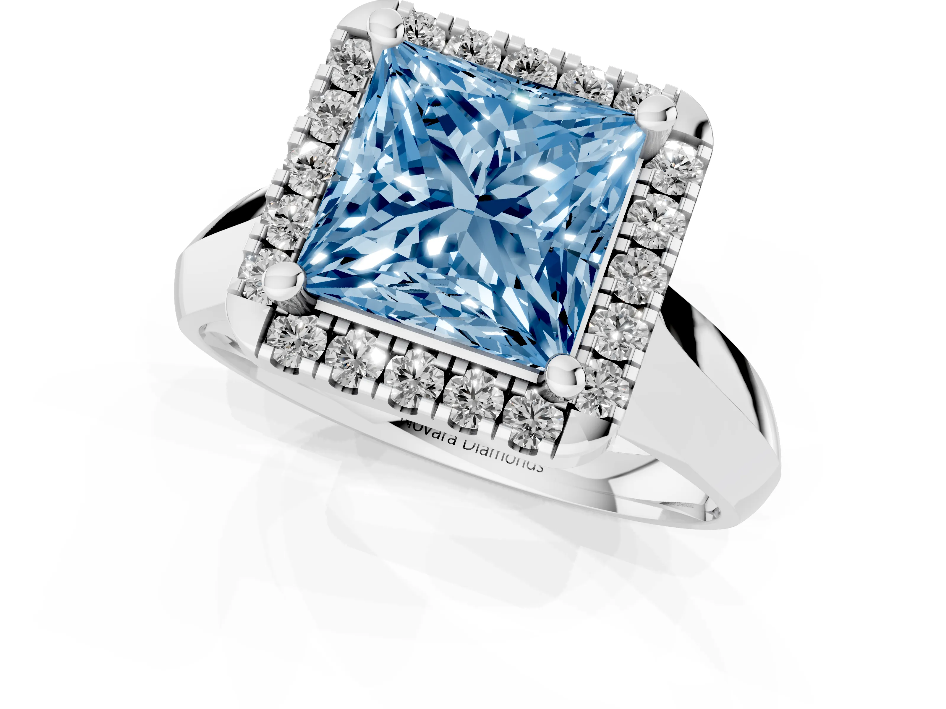 Fancy Blue Princess Cut Diamond Halo Solitaire Engagement Ring Set in Platinum with Square Band and Prong Setting