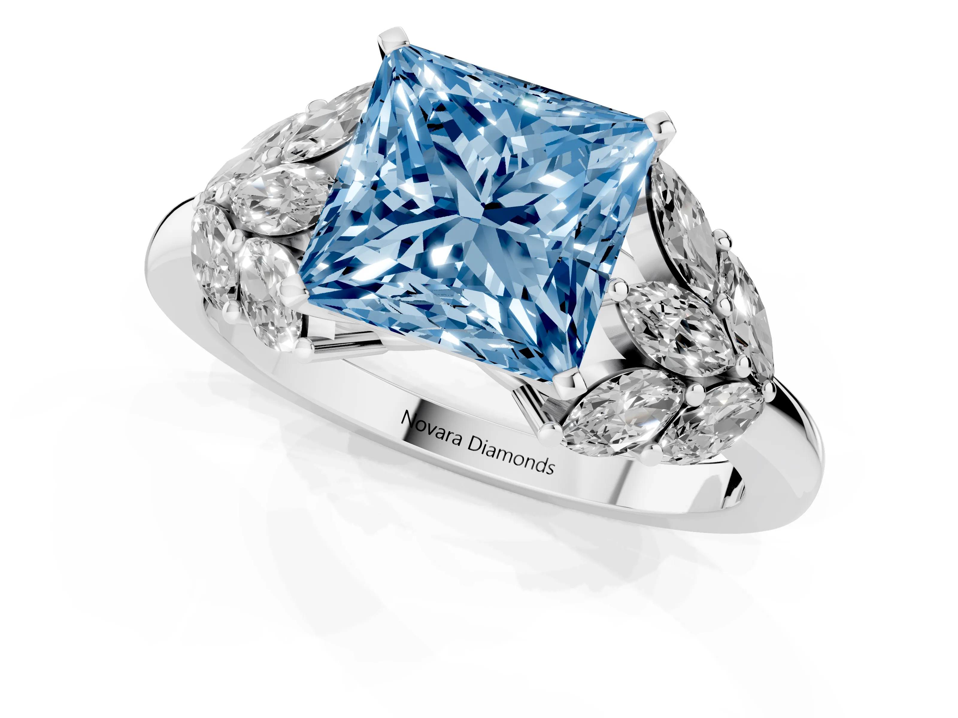 Fancy Blue Princess Cut Diamond Cluster Leaf Design Ring Set in White gold with Prong Setting