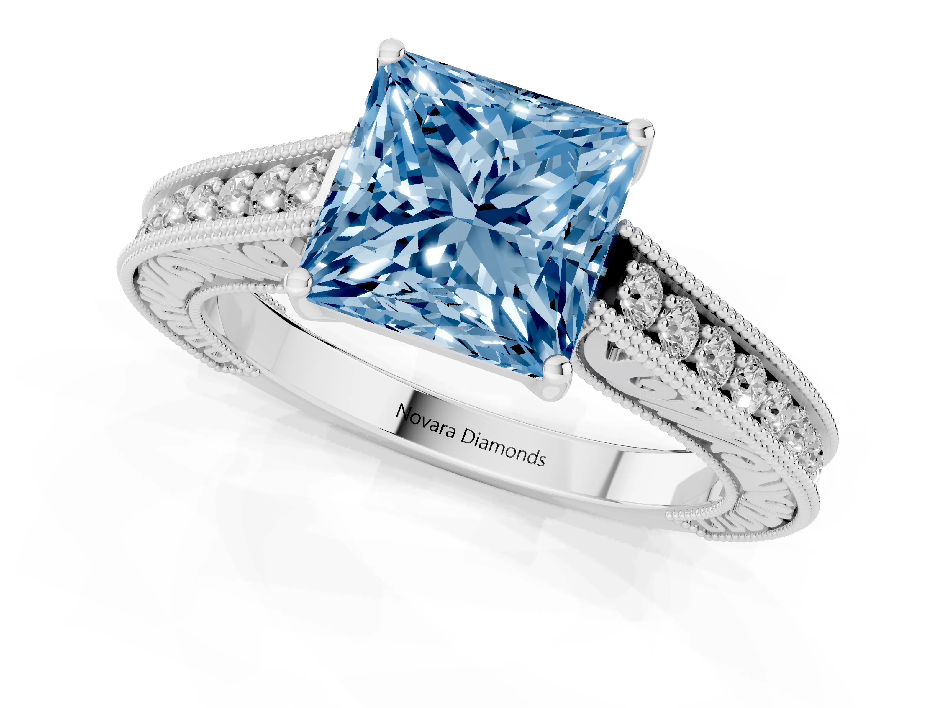 Fancy Blue Princess Cut Diamond Milgrain Pavé Band Solitaire Ring Set in White gold with Prong Setting