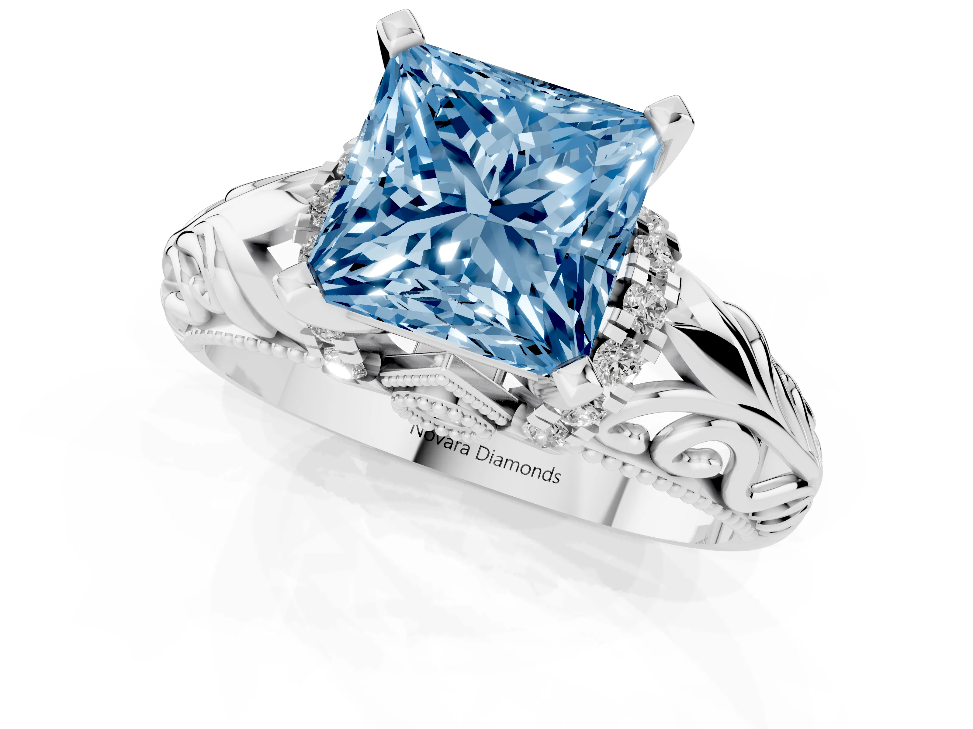 Fancy Blue Princess Cut Diamond Filigree Halo Engagement Ring Set in Platinum with Prong Setting