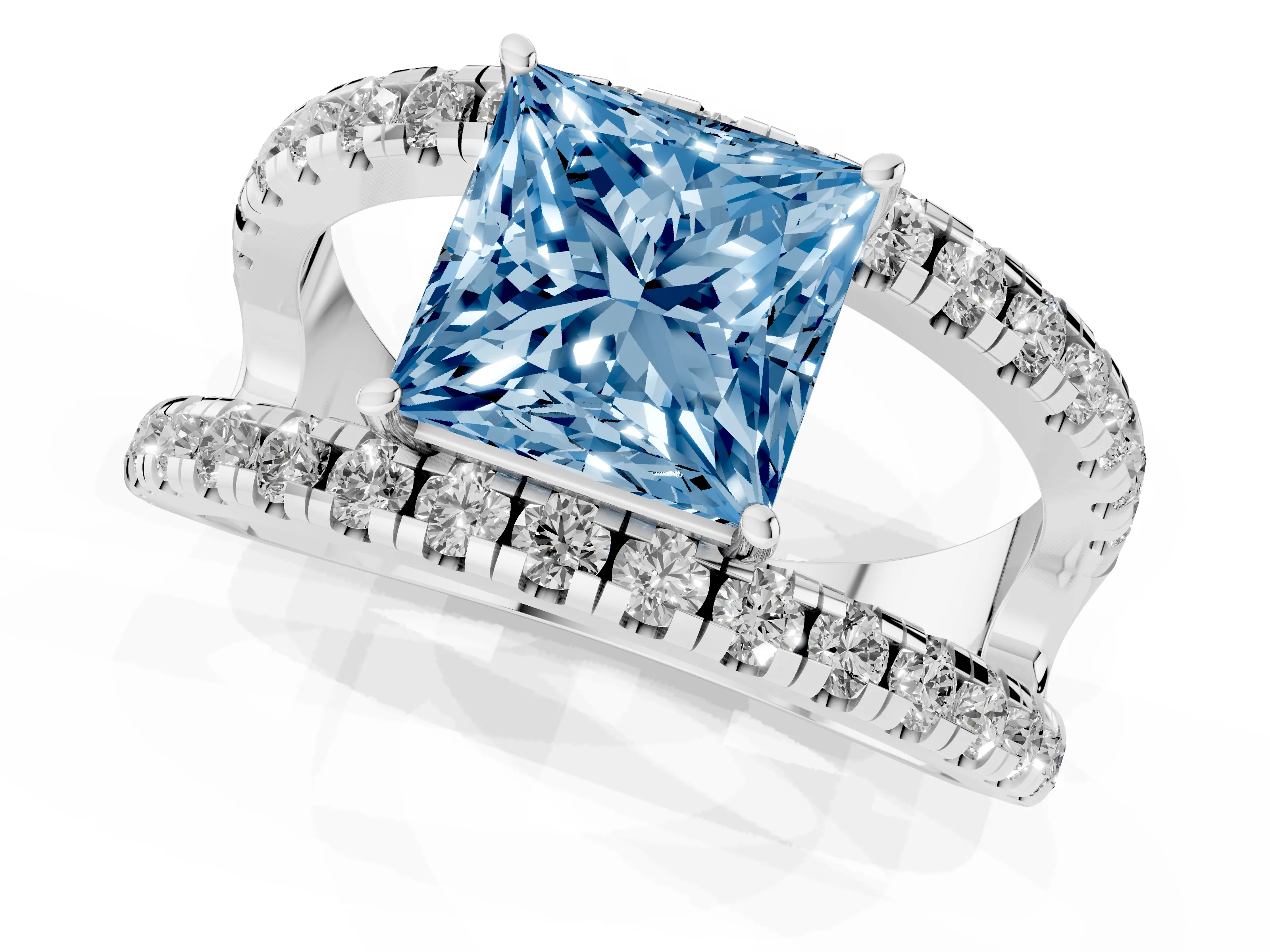 Fancy Blue Princess Cut Diamond Split Shank Pavé Solitaire Ring Set in Silver with Open Shank Design