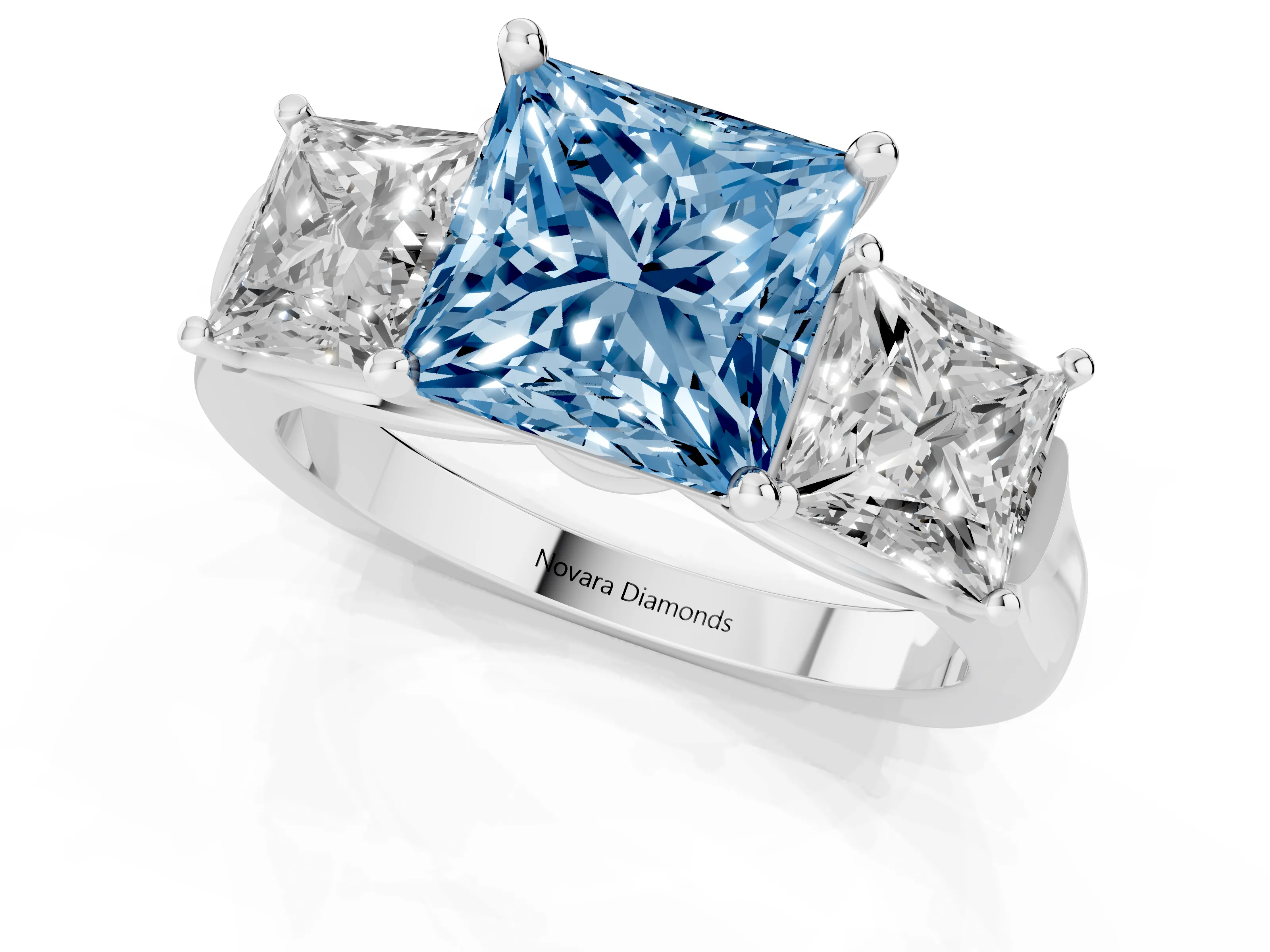 Fancy Blue Princess Cut Diamond Three-Stone Trellis Ring Set in Platinum with Comfort Fit Band