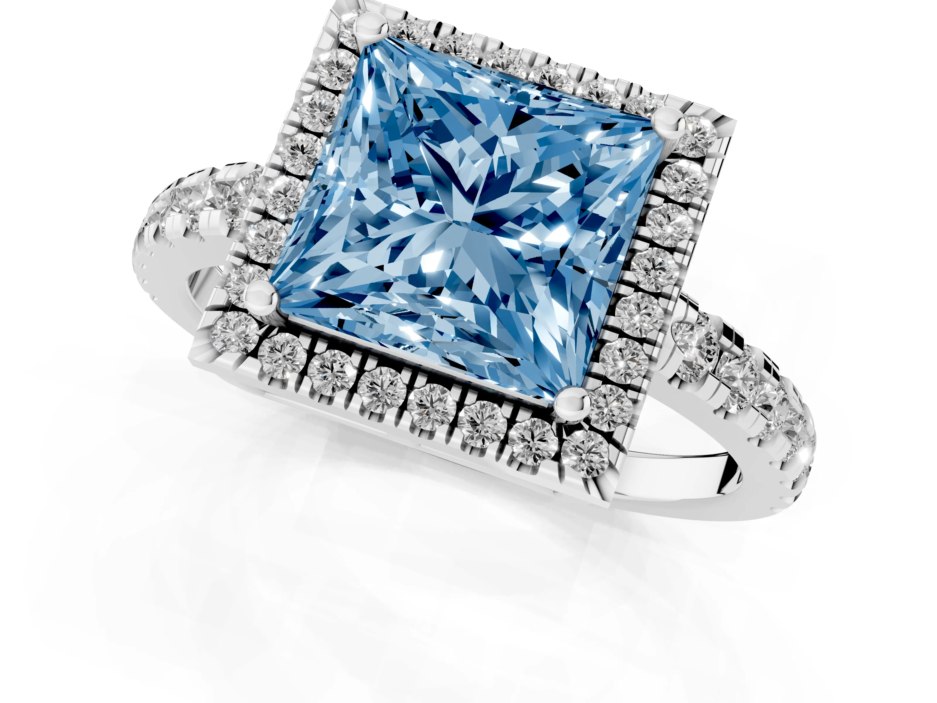 Fancy Blue Princess Cut Diamond Halo Ring Set in Platinum with Delicate Pavé Band and Prong Setting
