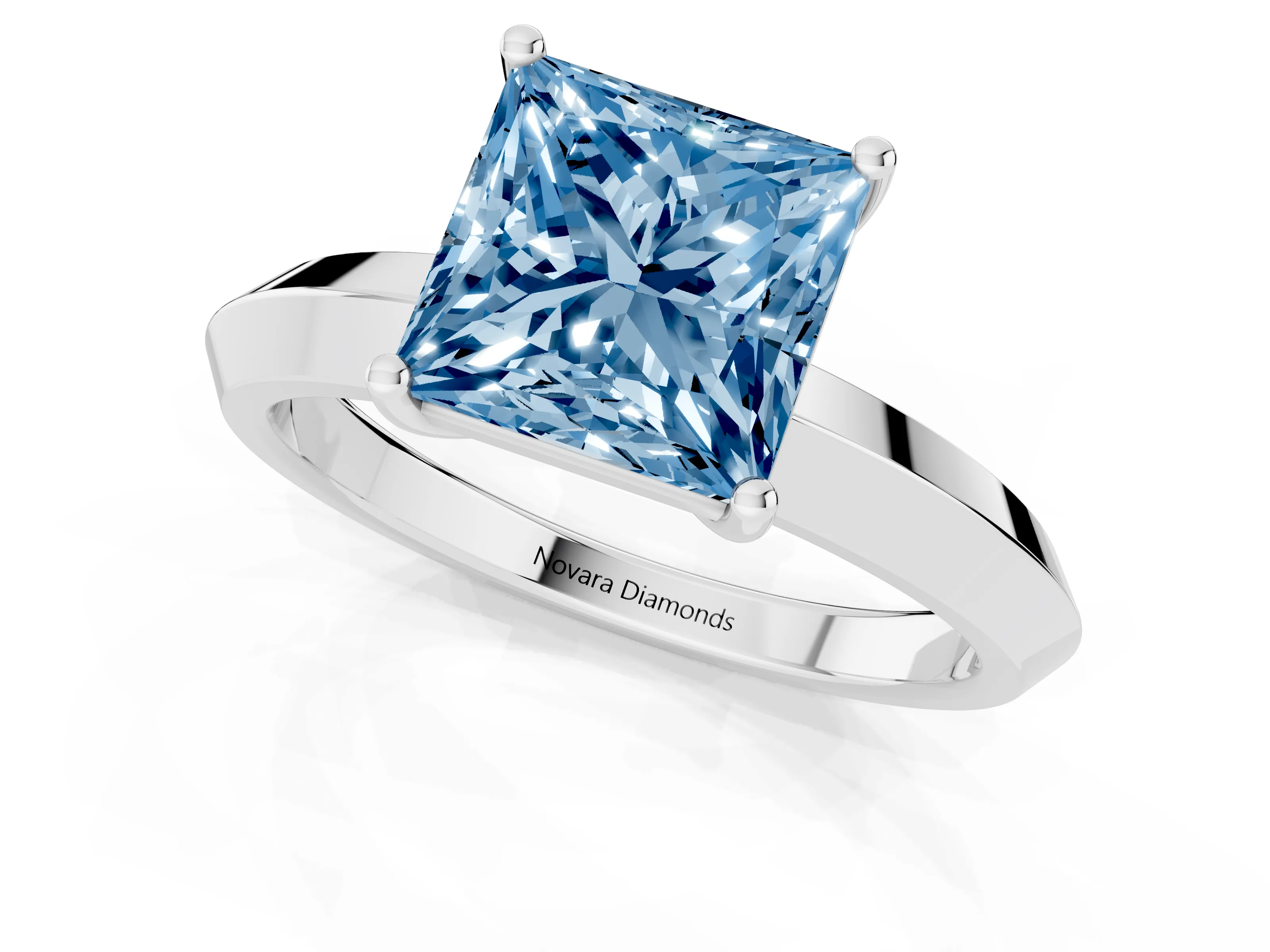 Fancy Blue Princess Cut Diamond Solitaire Engagement Ring Set in Silver with Flat Band and Prong Setting