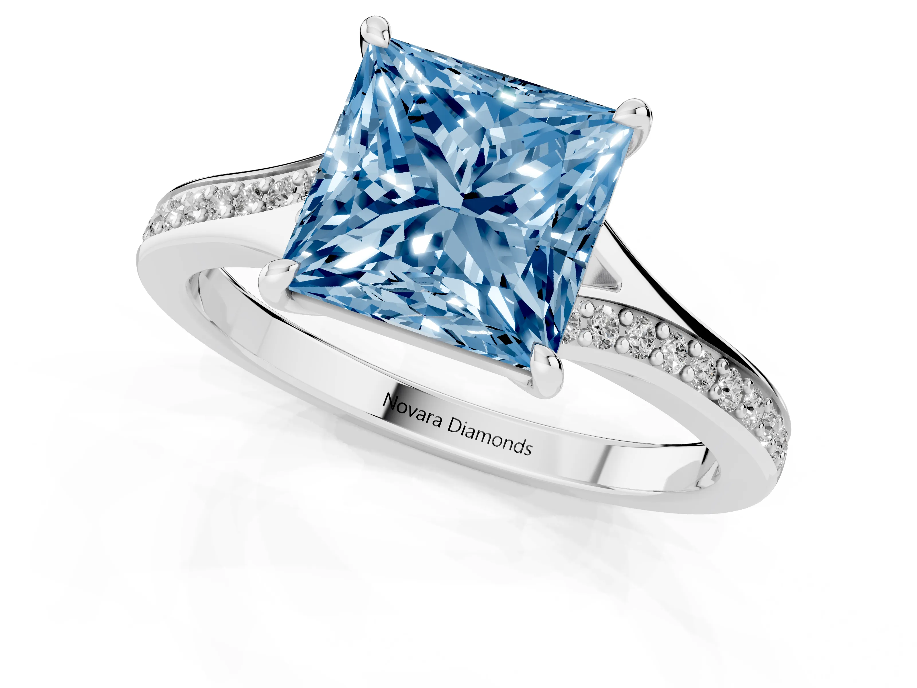 Fancy Blue Princess Cut Diamond Solitaire Ring Set in Silver with Pavé Accent Band and Classic Prong Setting
