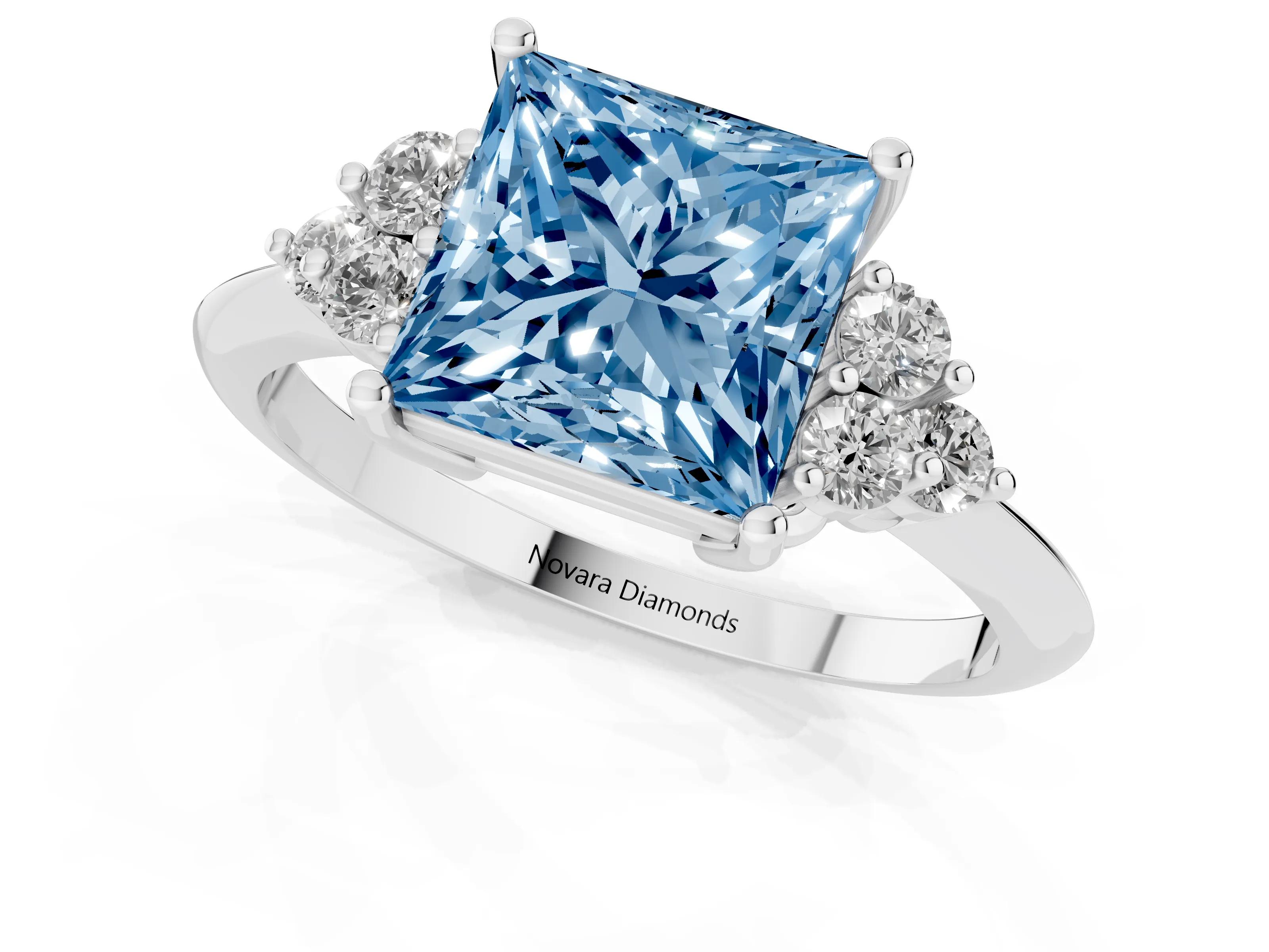 Fancy Blue Princess Cut Diamond Cluster Ring Set in Silver with Plain Band and Prong Setting