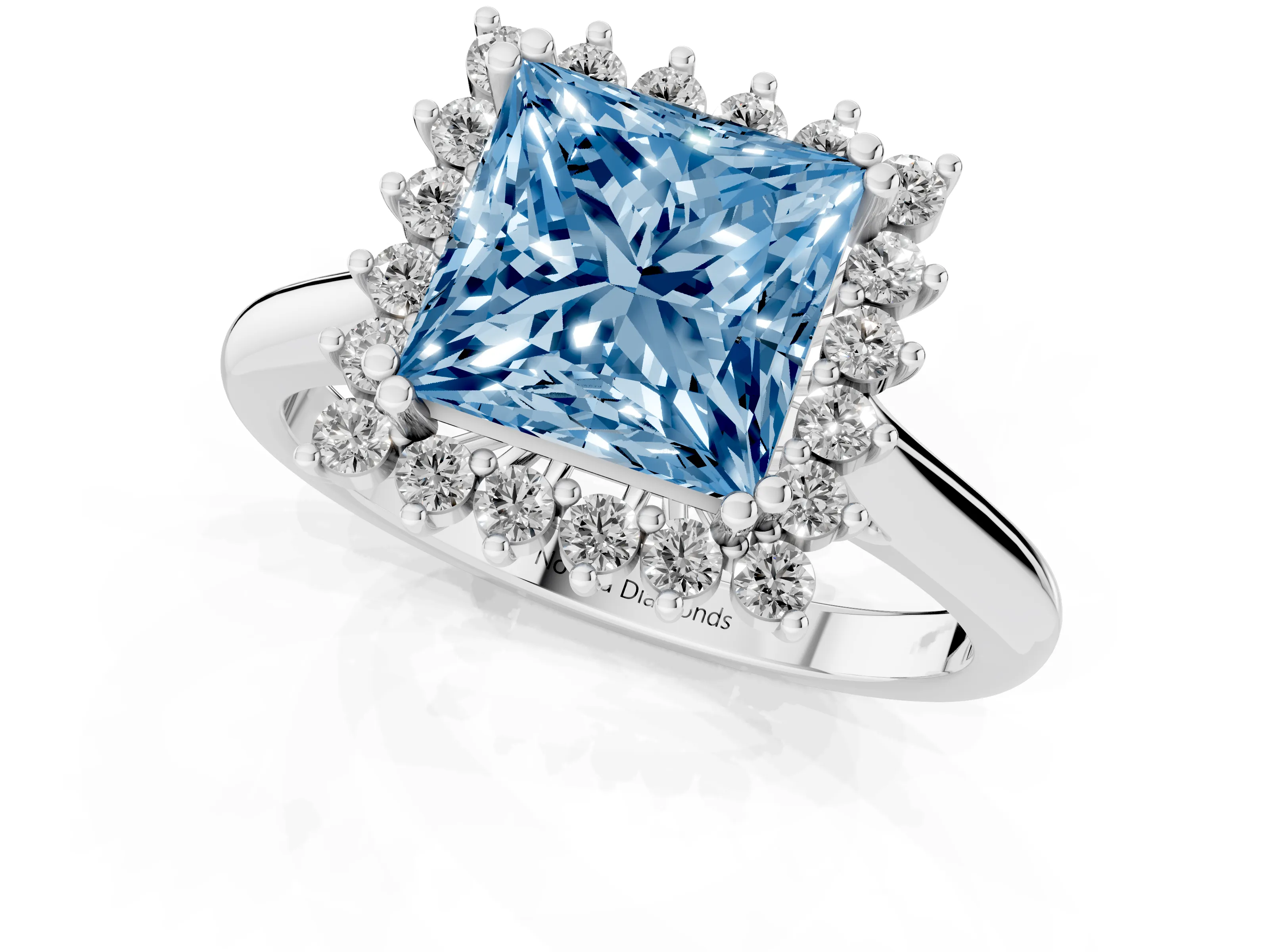 Fancy Blue Princess Cut Diamond Halo Ring Set in Platinum with Plain Solitaire Band and Prong Setting