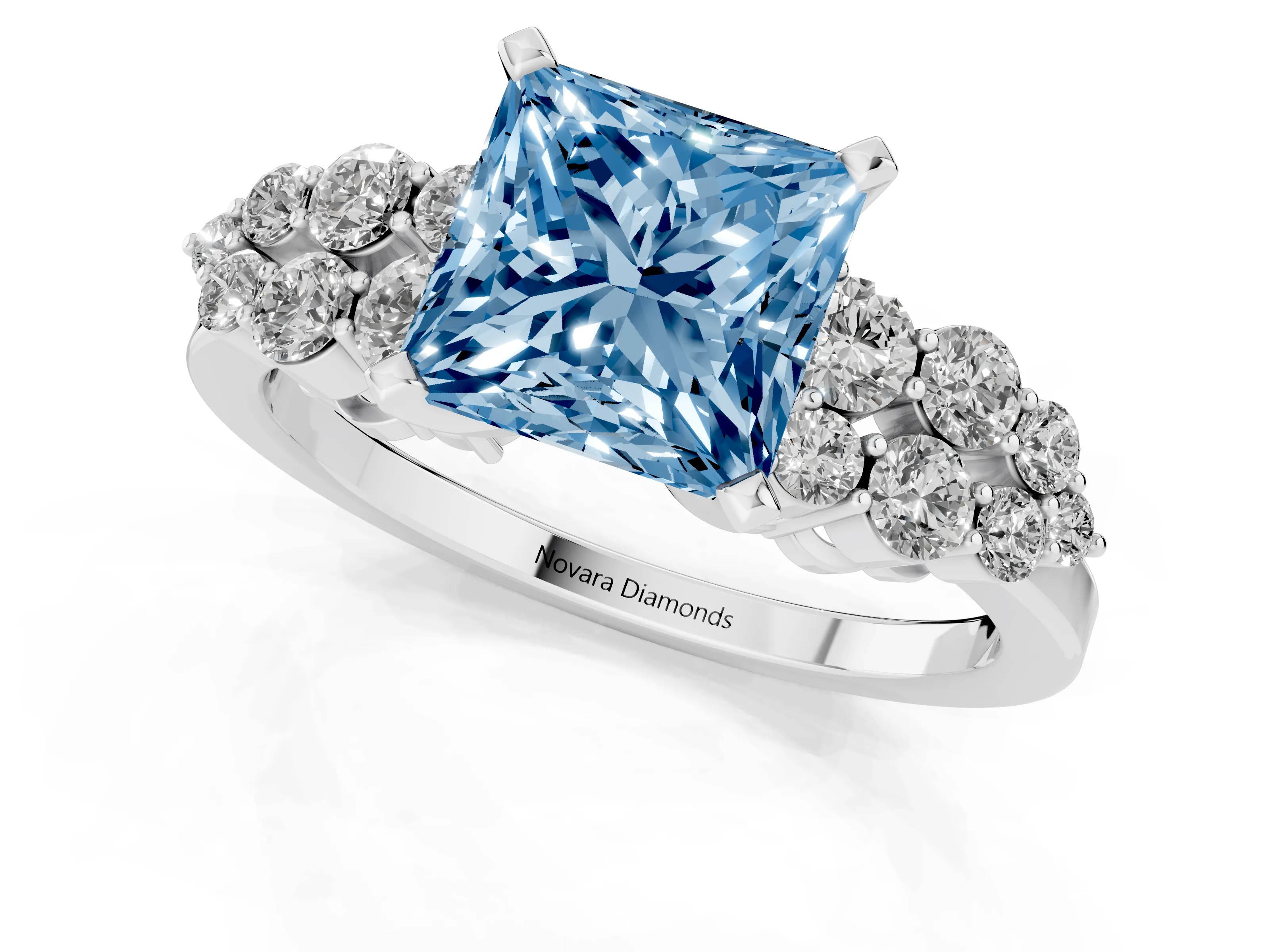 Fancy Blue Princess Cut Diamond Cluster Engagement Ring Set in Silver with Pavé Band and Prong Setting