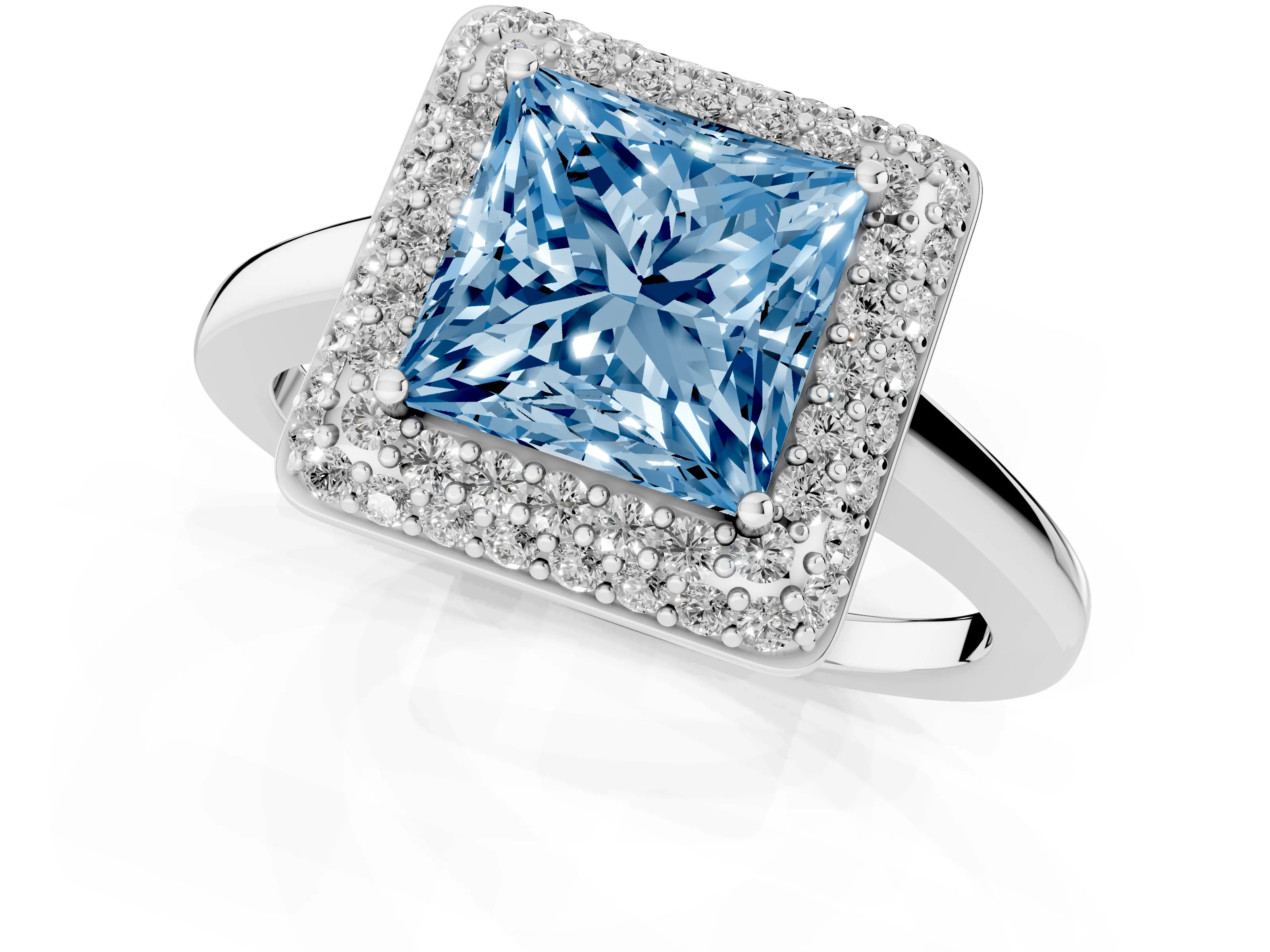 Fancy Blue Princess Cut Diamond Halo Engagement Ring Set in White gold with Solitaire Band and Prong Setting