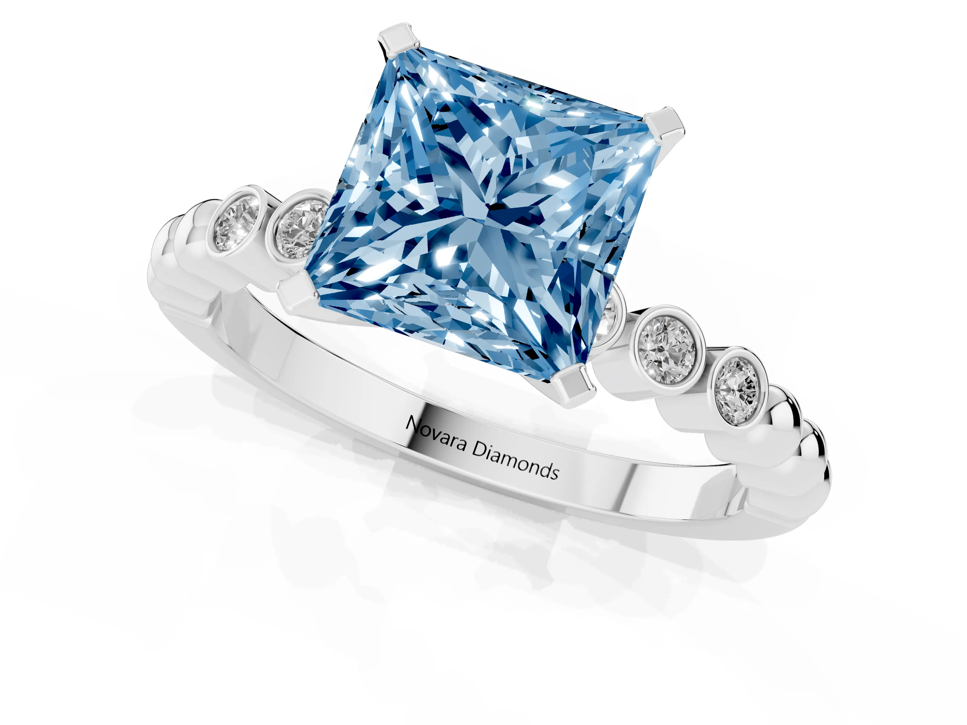 Fancy Blue Princess Cut Diamond Solitaire Engagement Ring Set in Silver with Bezel Accents on Beaded Band