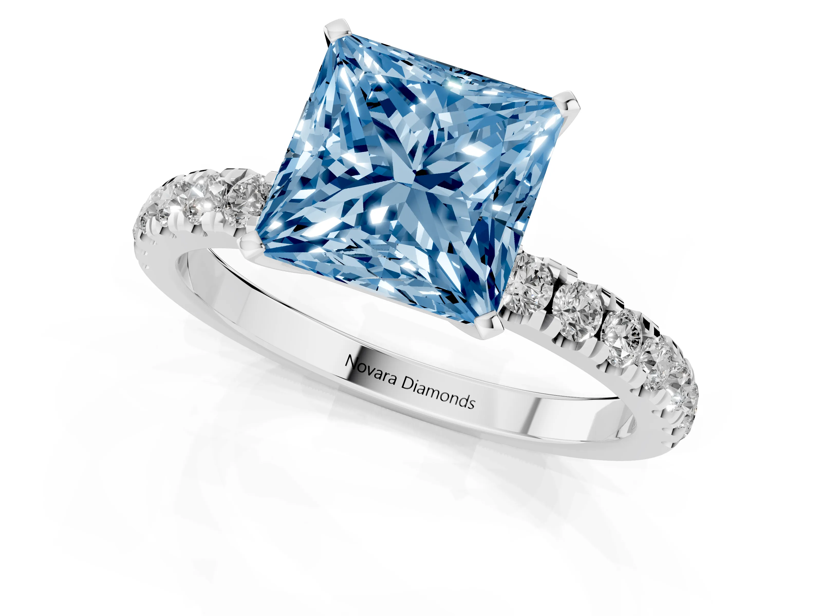 Fancy Blue Princess Cut Diamond Solitaire Ring Set in Silver with Pavé Accents and Prong Setting
