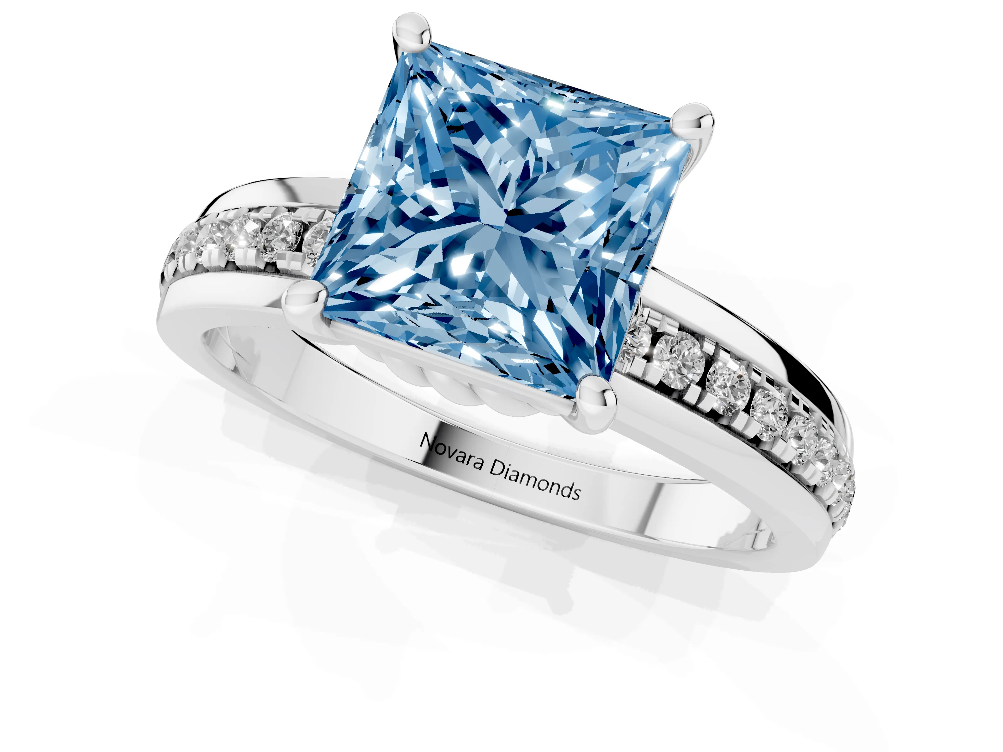 Fancy Blue Princess Cut Diamond Solitaire Ring Set in White gold with Channel Set Band and Prong Setting
