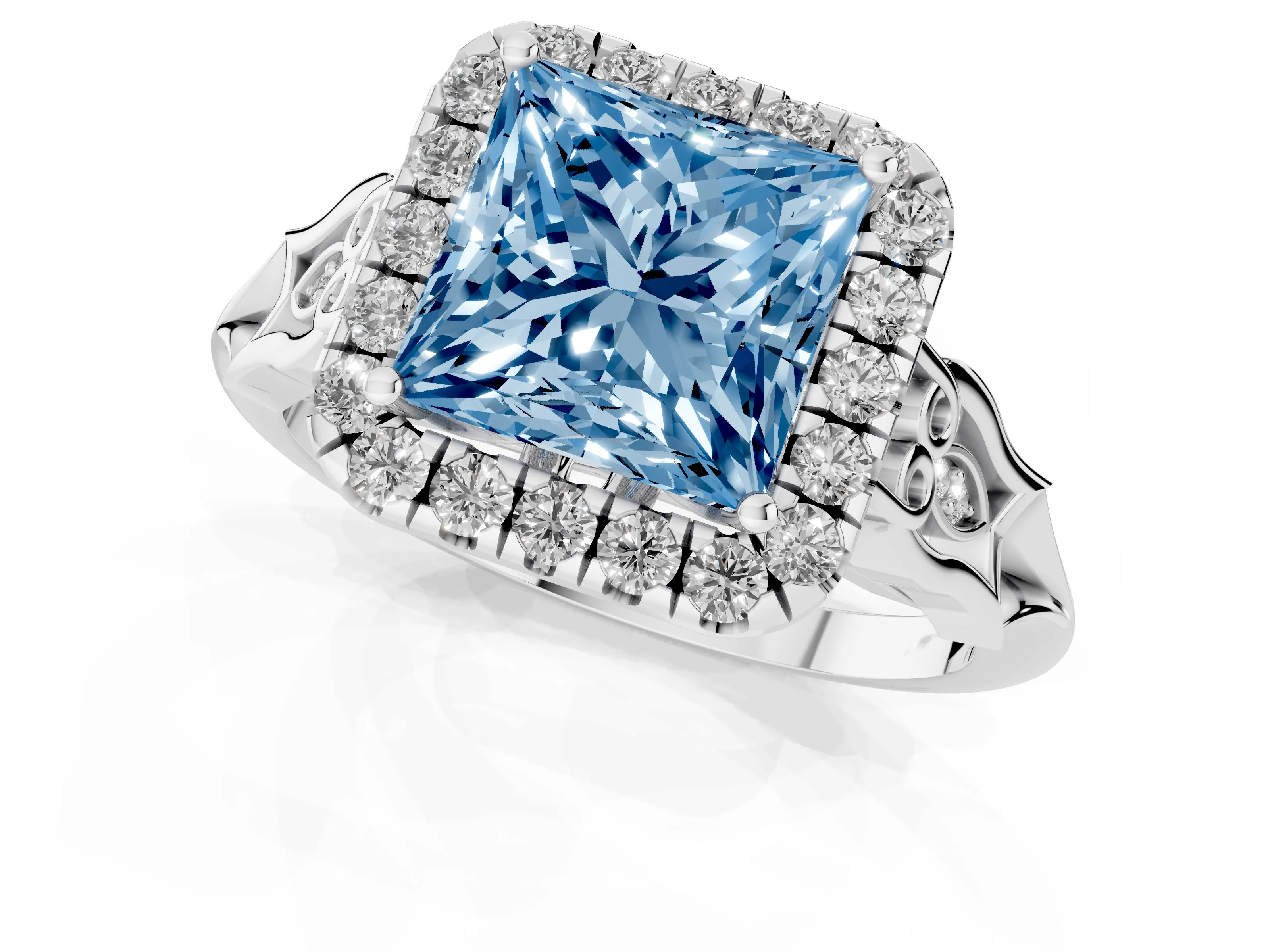 Fancy Blue Princess Cut Diamond Halo Engagement Ring Set in Platinum with Filigree Band and Prong-Set Center – second view