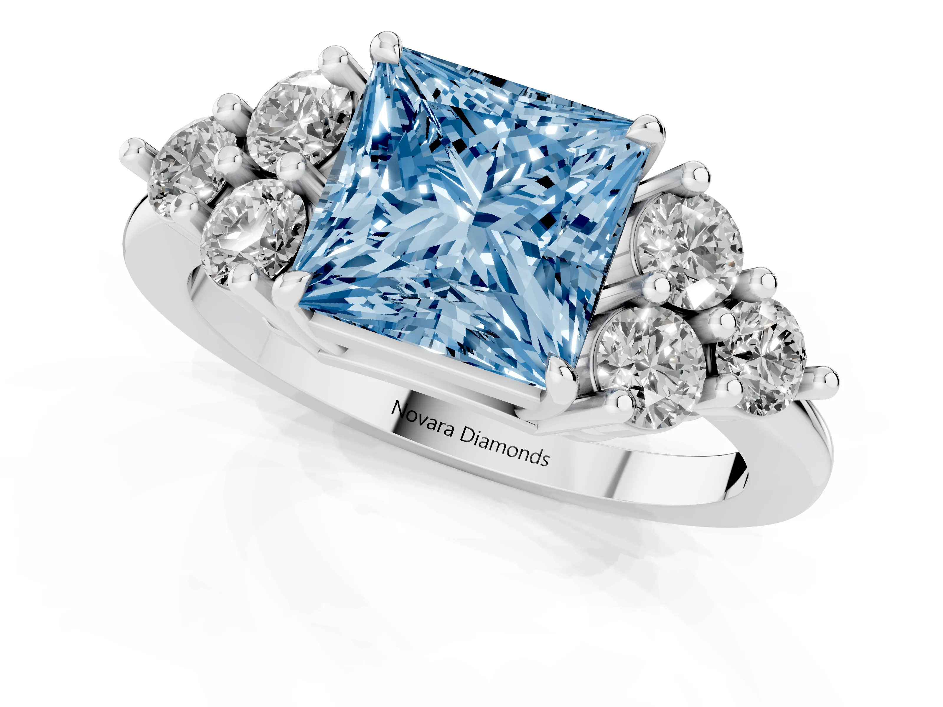 Fancy Blue Princess Cut Diamond Solitaire Ring Set in Platinum with Cluster Accents on Each Side
