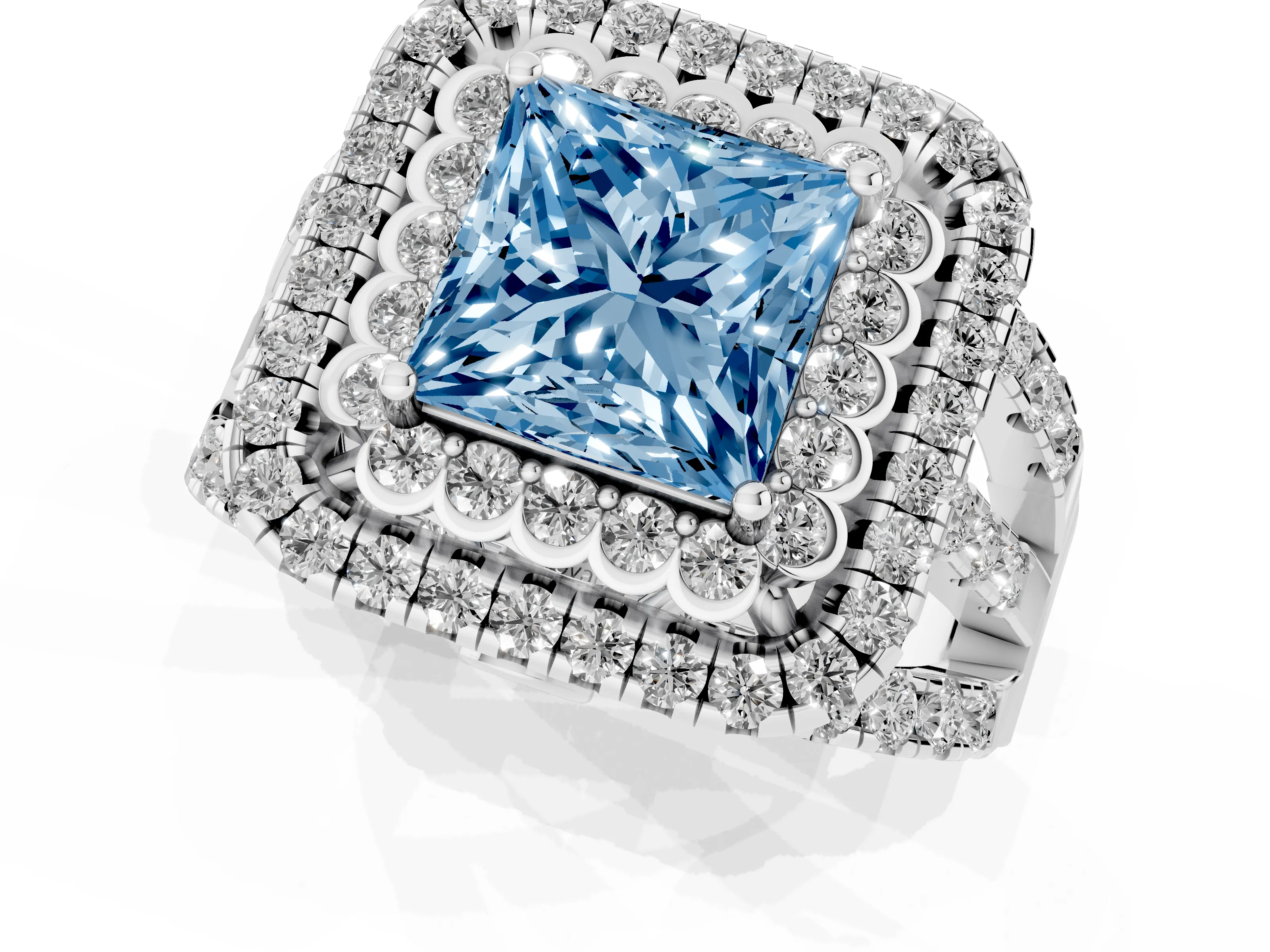 Fancy Blue Princess Cut Diamond Double Halo Ring Set in White gold with Round Pavé Split Shank