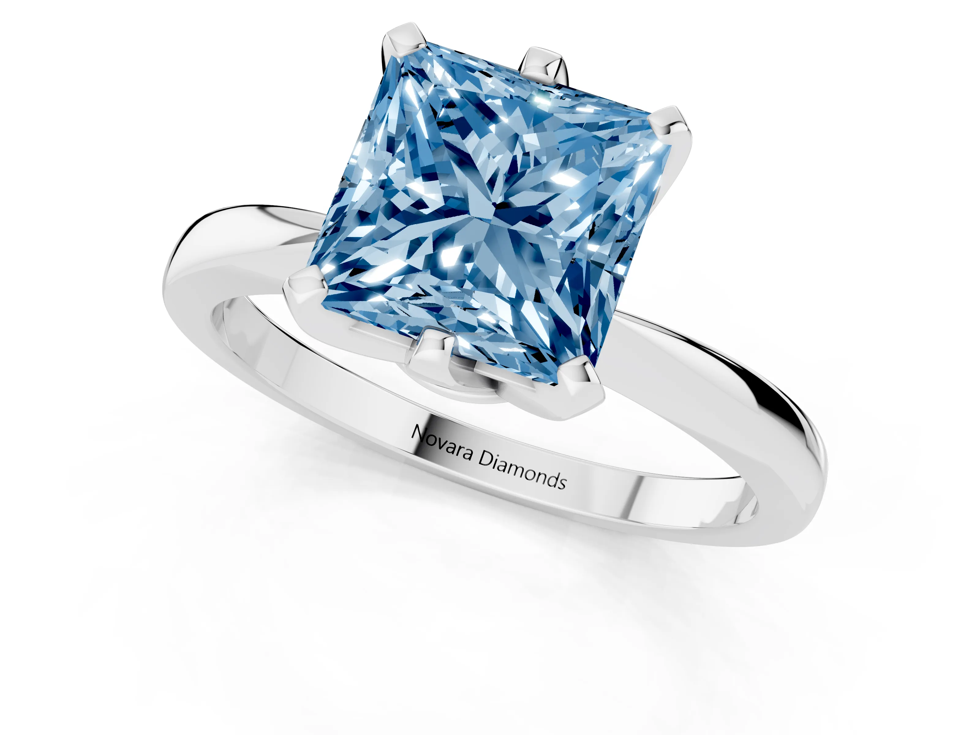 Fancy Blue Princess Cut Diamond Solitaire Engagement Ring Set in White gold with Slim Tapered Solitaire Band