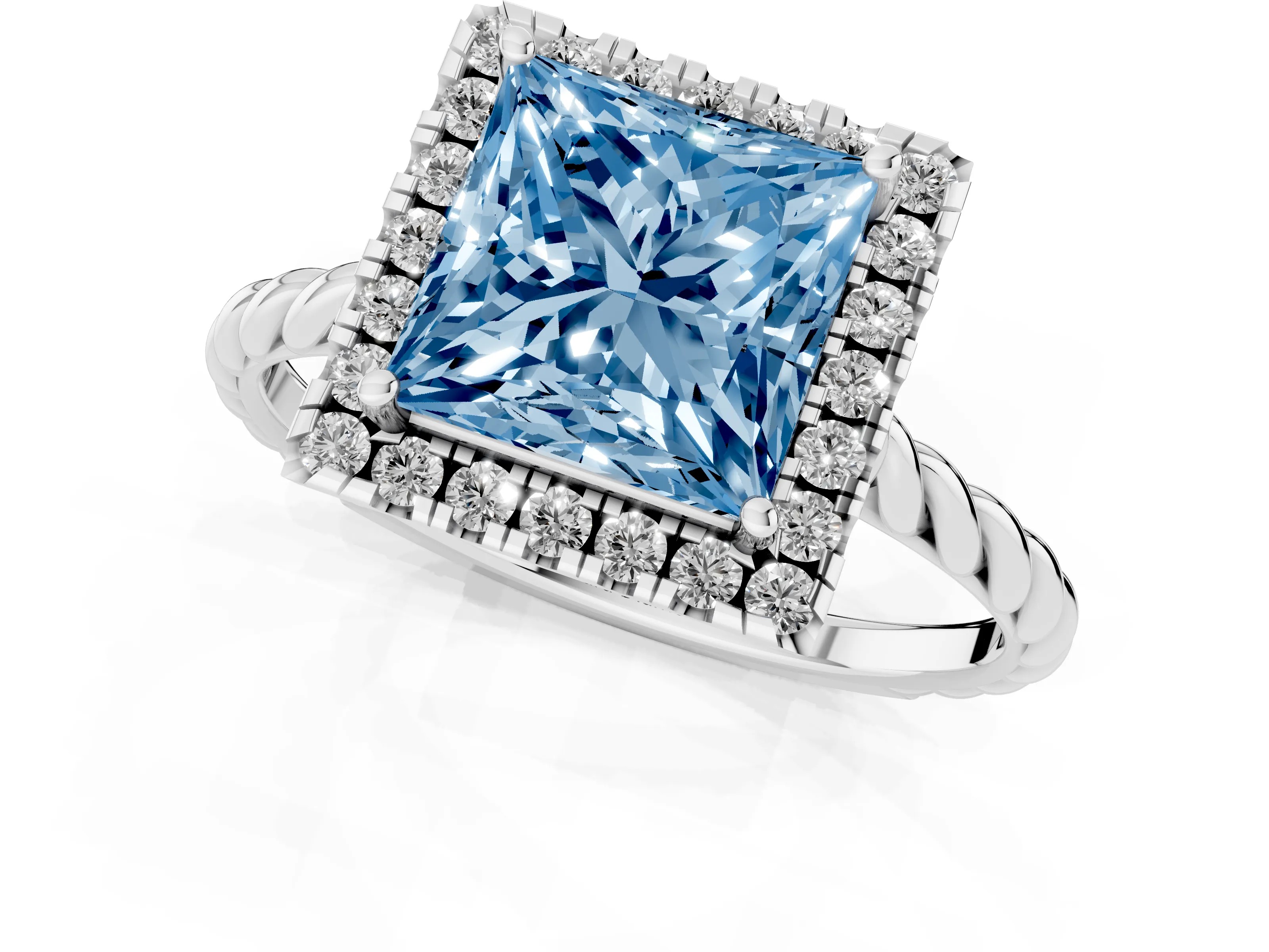 Fancy Blue Princess Cut Diamond Halo Ring Set in Platinum with Plain Twisted Band