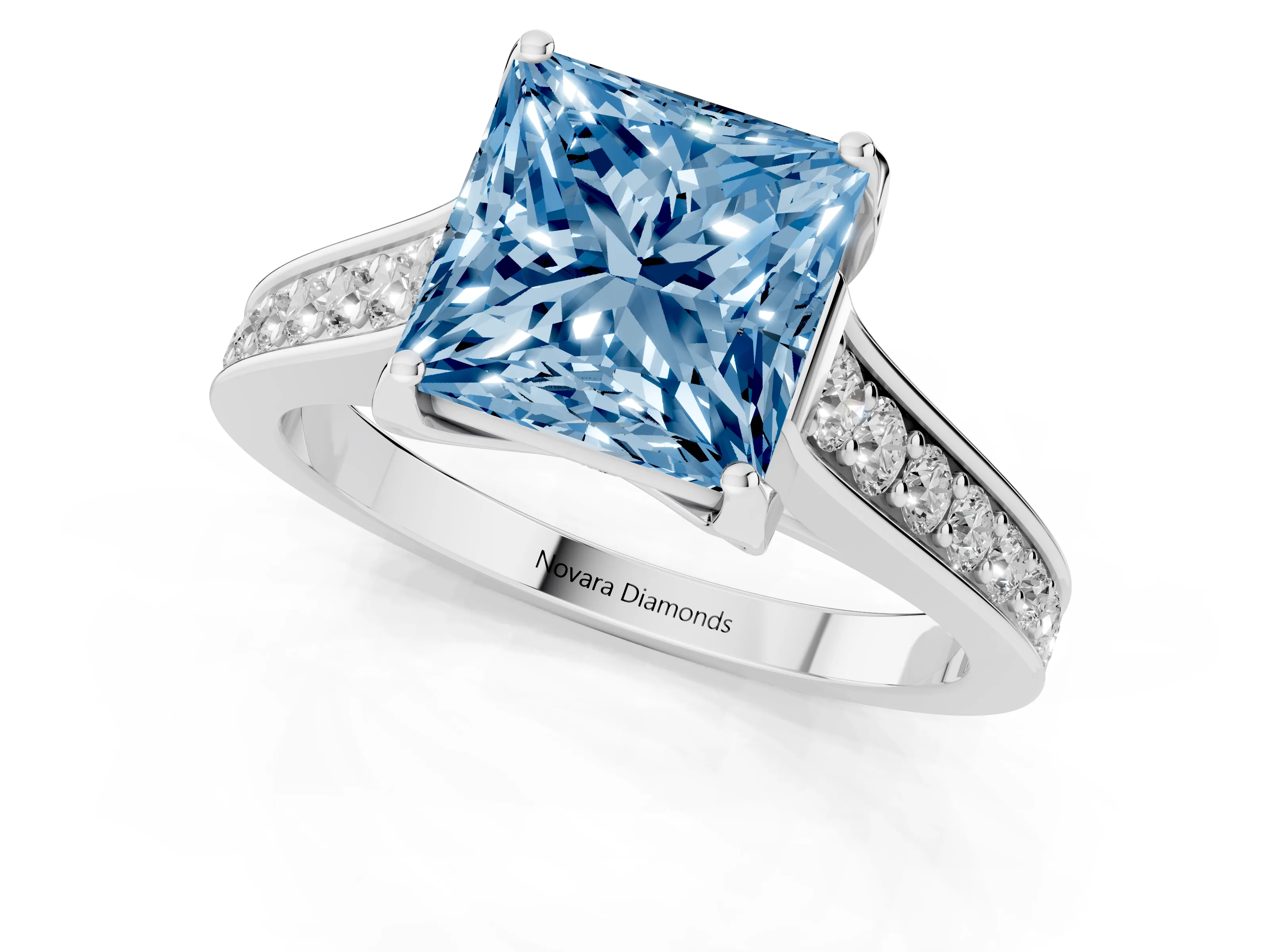 Fancy Blue Princess Cut Diamond Solitaire Pavé Engagement Ring Set in Platinum with Prong Setting