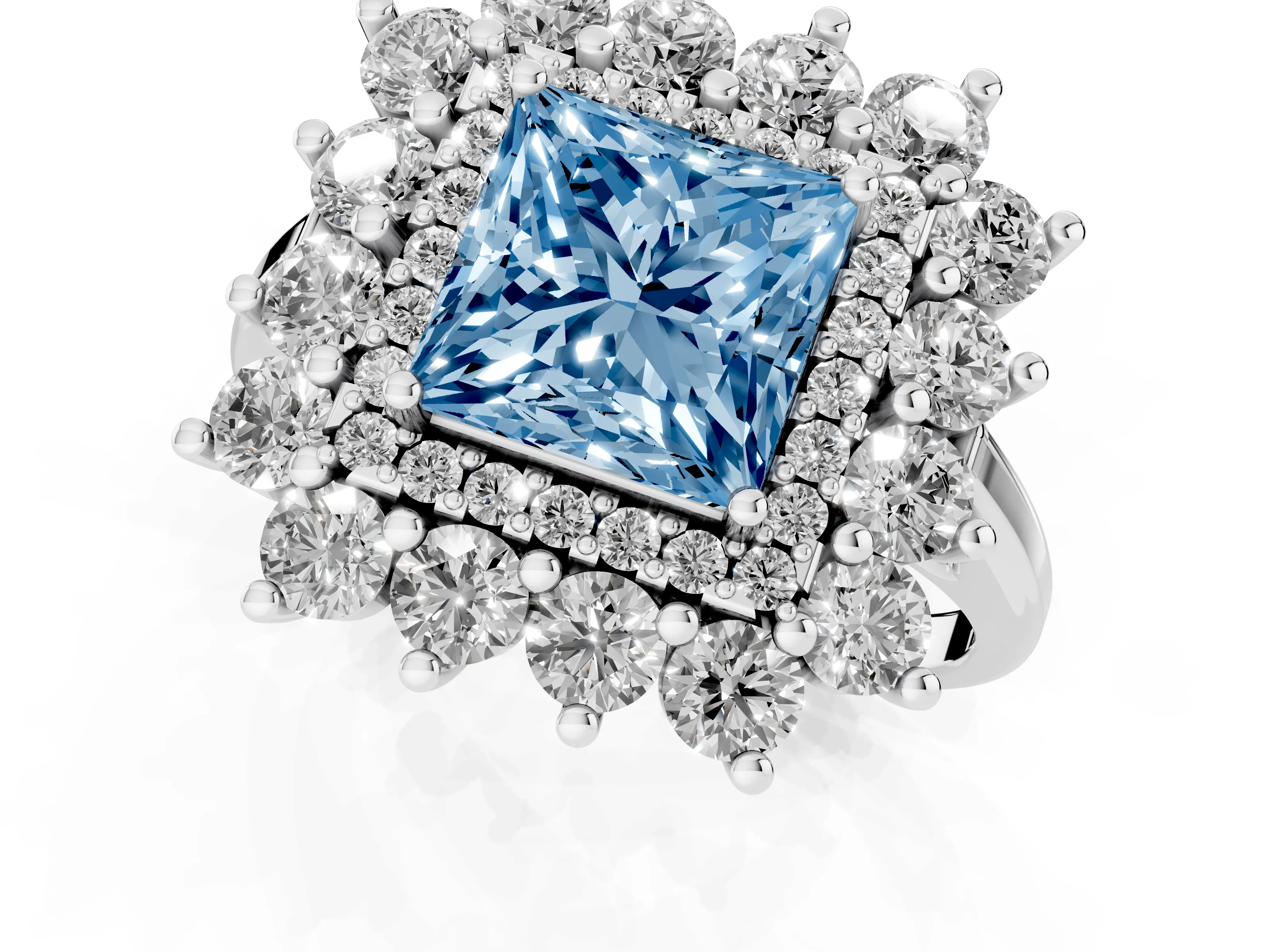 Fancy Blue Princess Cut Diamond Floral Double Halo Ring Set in Platinum with Round Petals