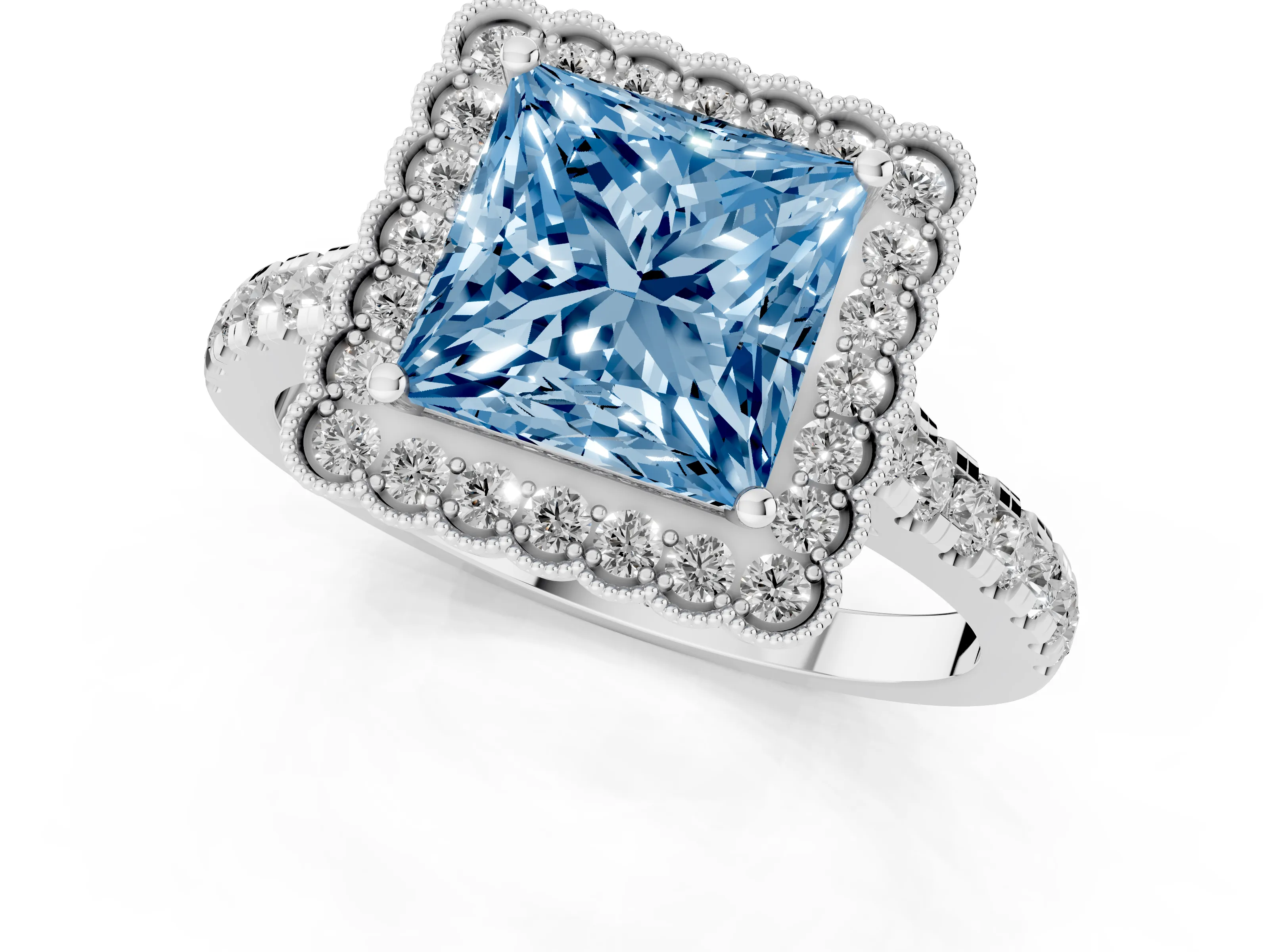 Fancy Blue Princess Cut Diamond Milgrain Floral Halo Engagement Ring Set in Silver with Pavé Band