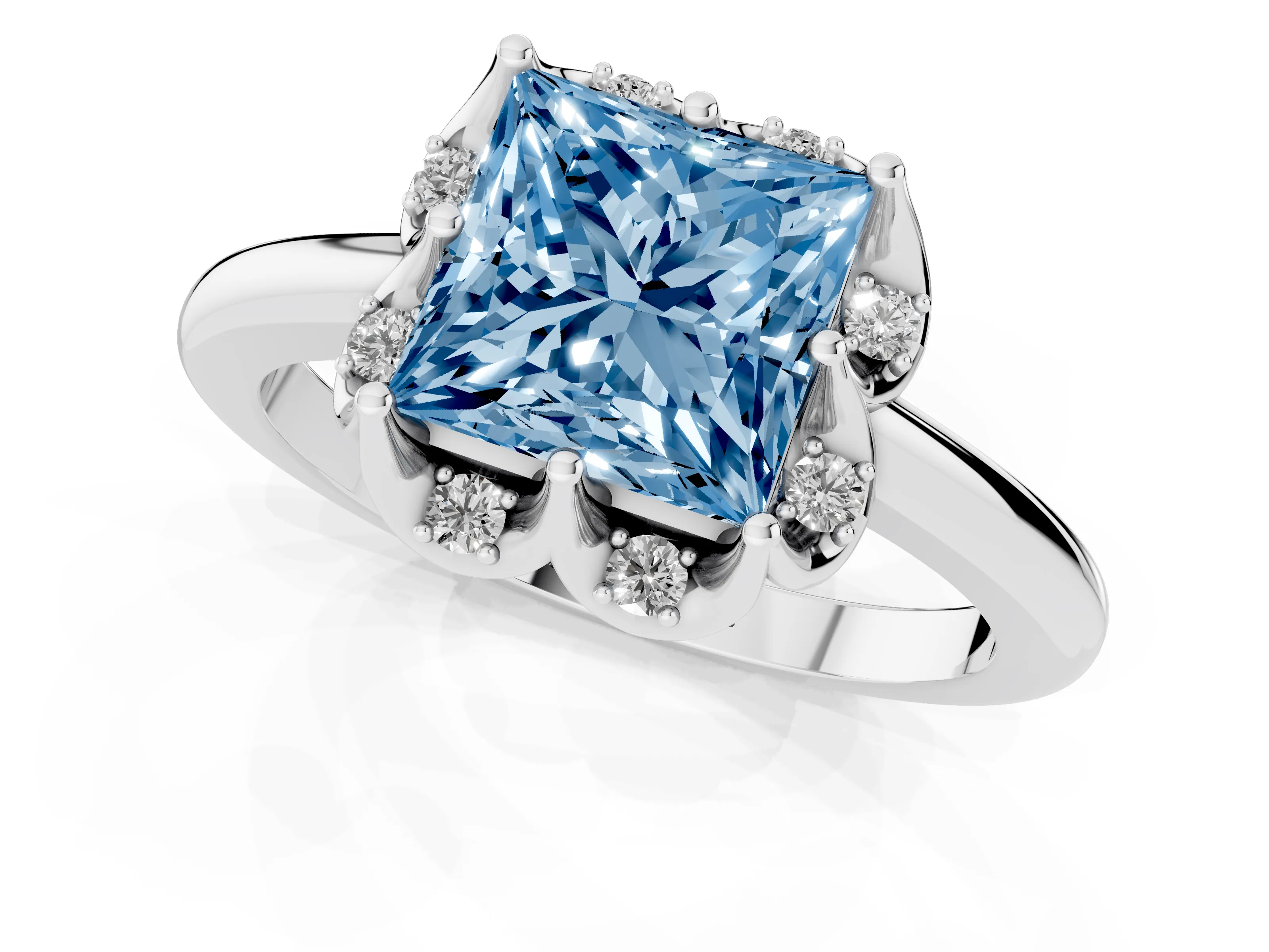 Fancy Blue Princess Cut Diamond Round Cluster Halo Ring Set in Platinum with Solitaire Band and Prong Setting