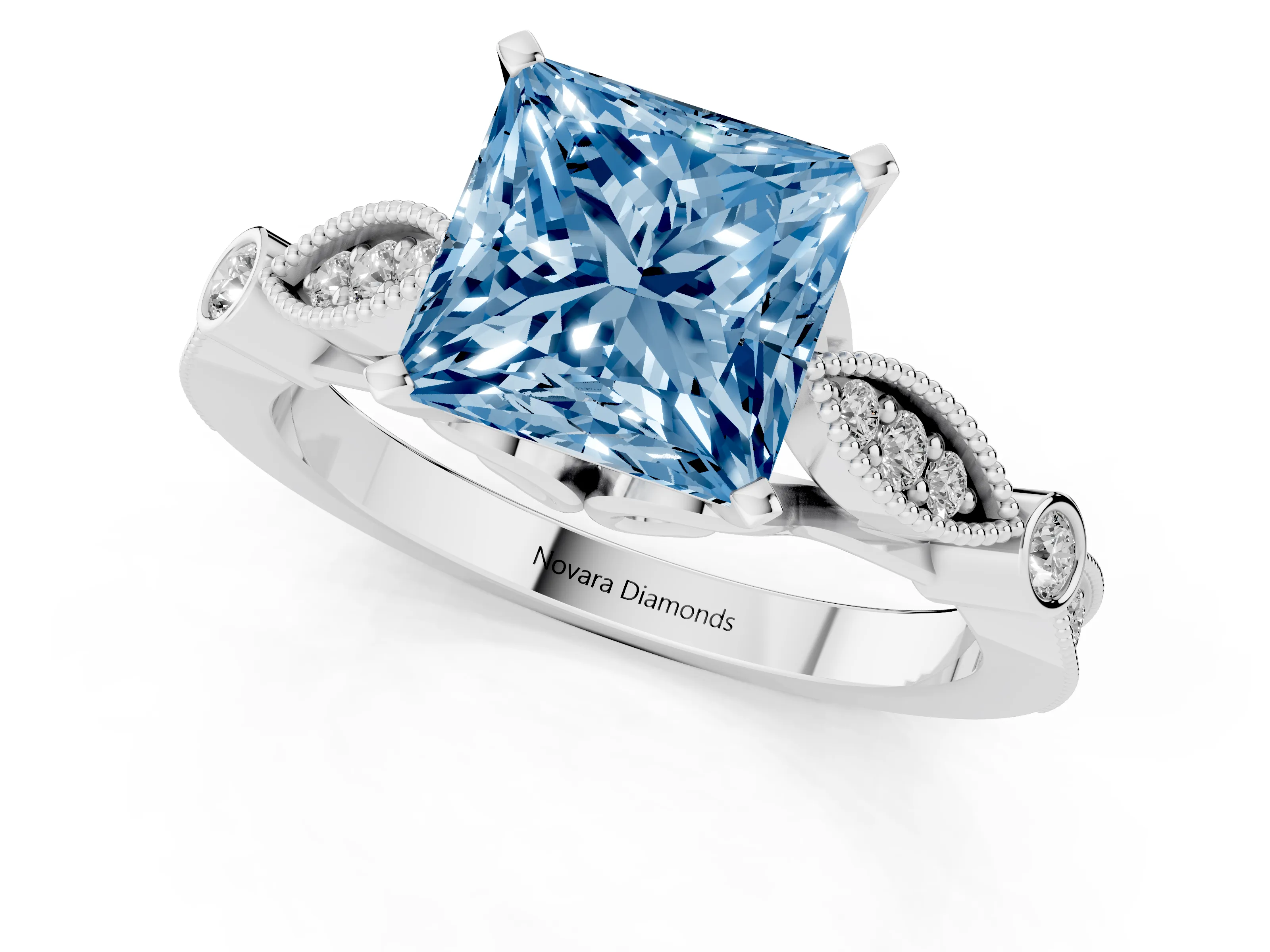 Fancy Blue Princess Cut Diamond Solitaire Ring Set in White gold with Milgrain Marquise and Bezel Accents