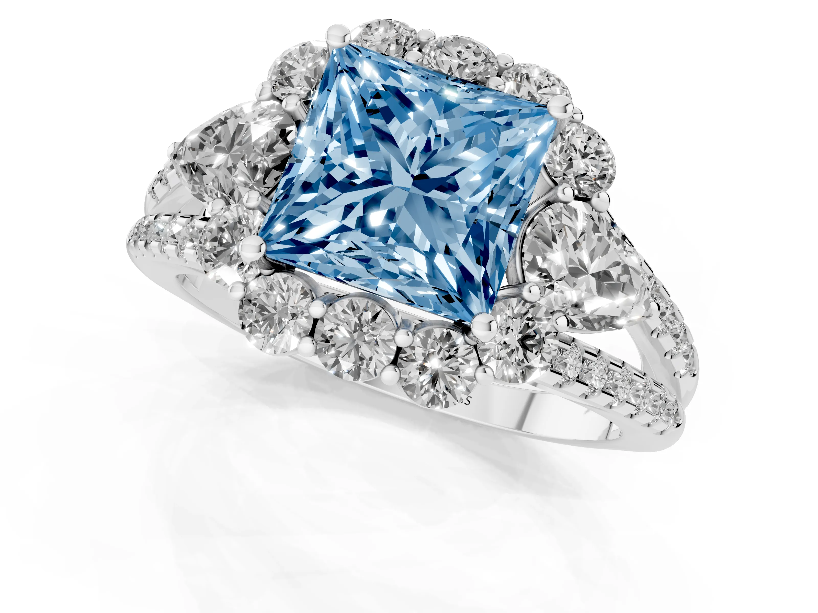 Fancy Blue Princess Cut Diamond Halo Split Shank Engagement Ring Set in Platinum with Prong-Held Center Stone
