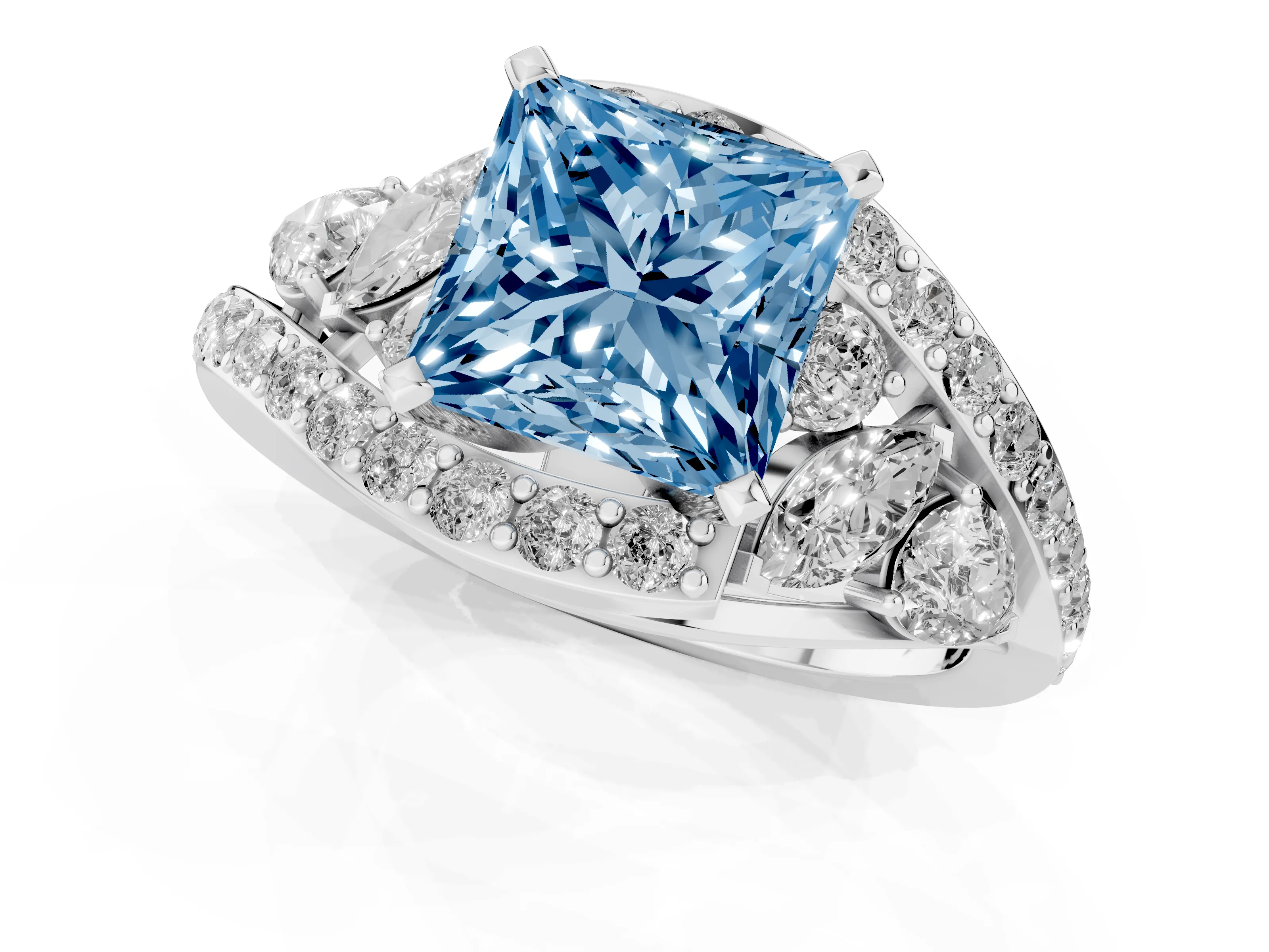 Fancy Blue Princess Cut Diamond Halo Ring Set in White gold with Marquise and Pavé Band in Prong Setting