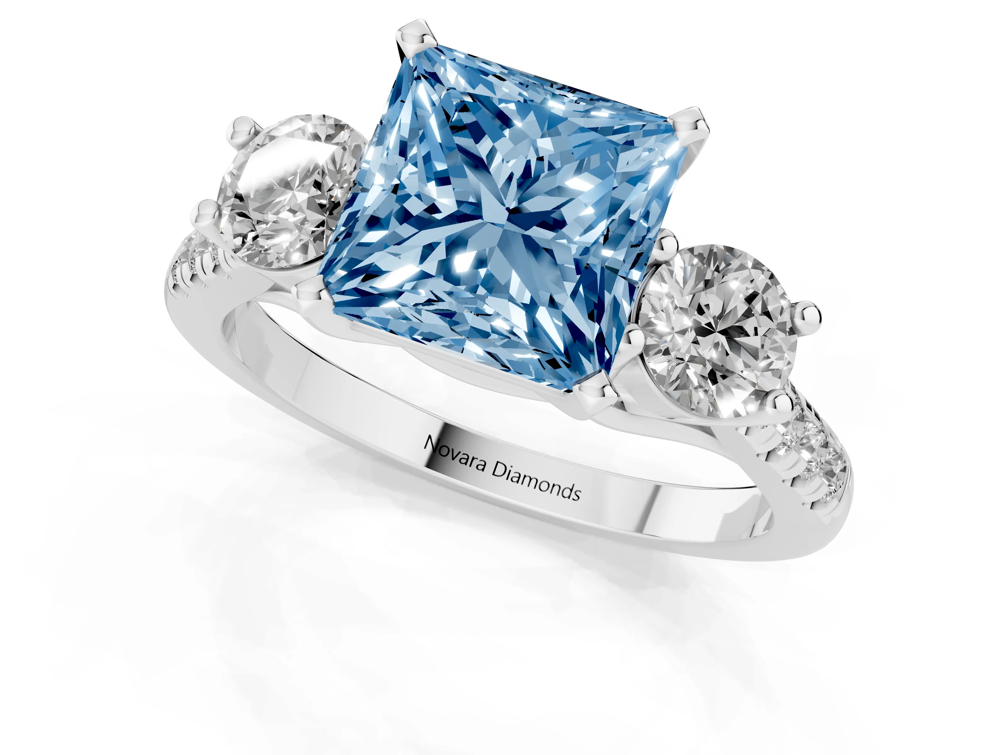 Fancy Blue Three-Stone Princess Cut Diamond Pavé Band Ring Set in Platinum with Prong-Set Trio