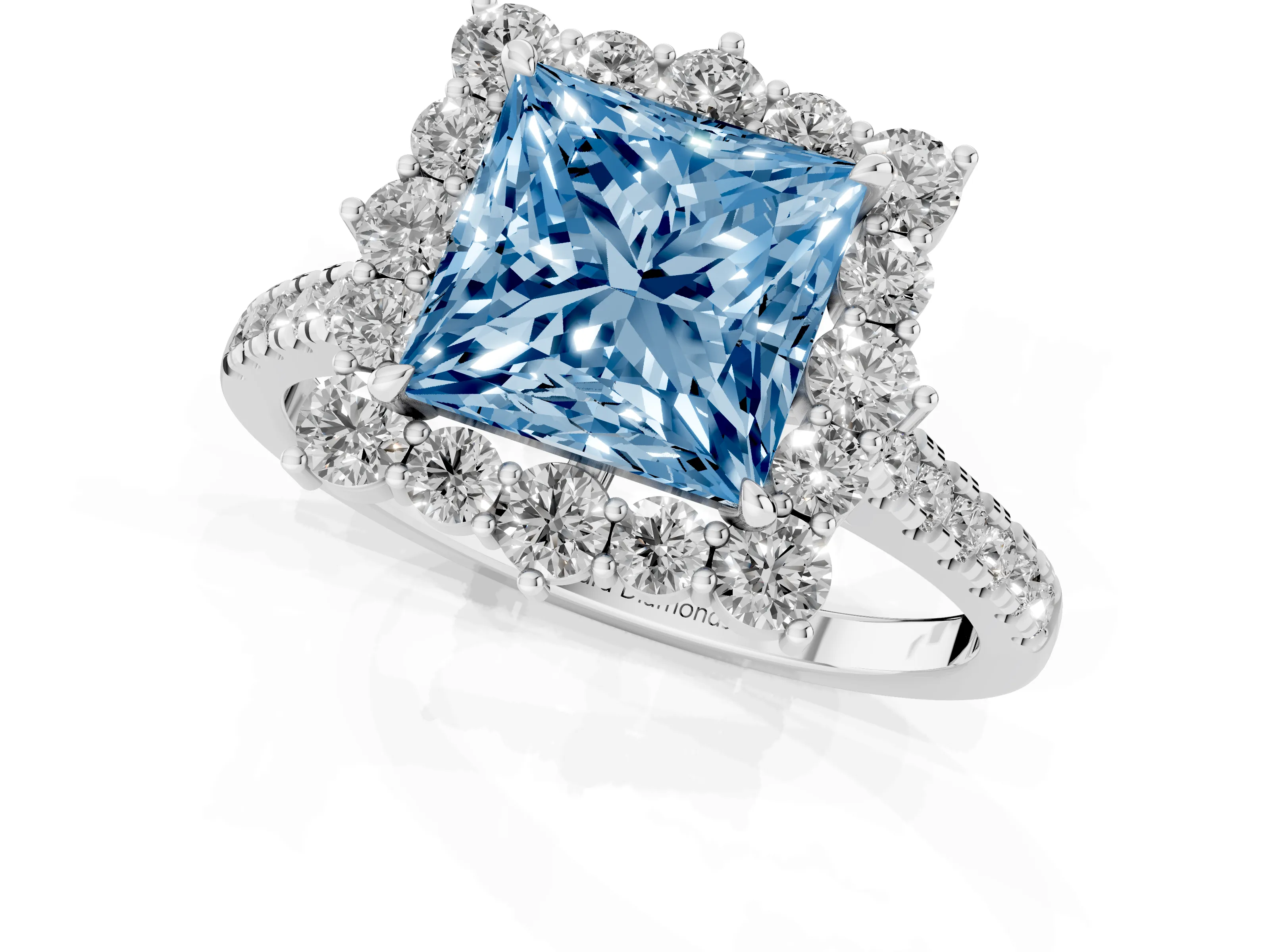 Fancy Blue Princess Cut Diamond Halo Ring Set in White gold with Pavé Band and Prong Setting
