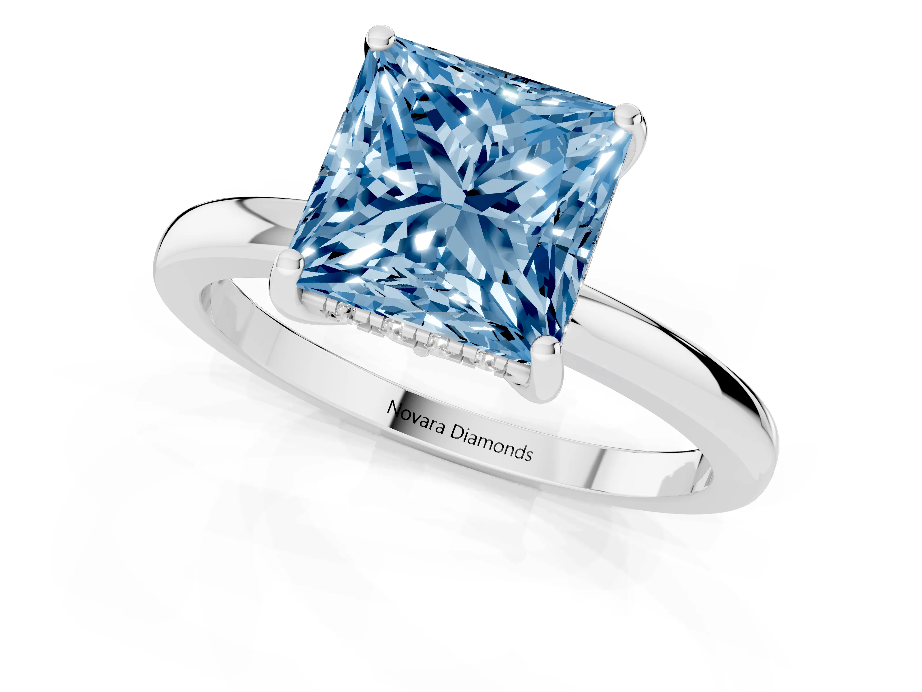 Fancy Blue Princess Cut Diamond Solitaire Ring Set in Silver with Plain Band and Prong Setting