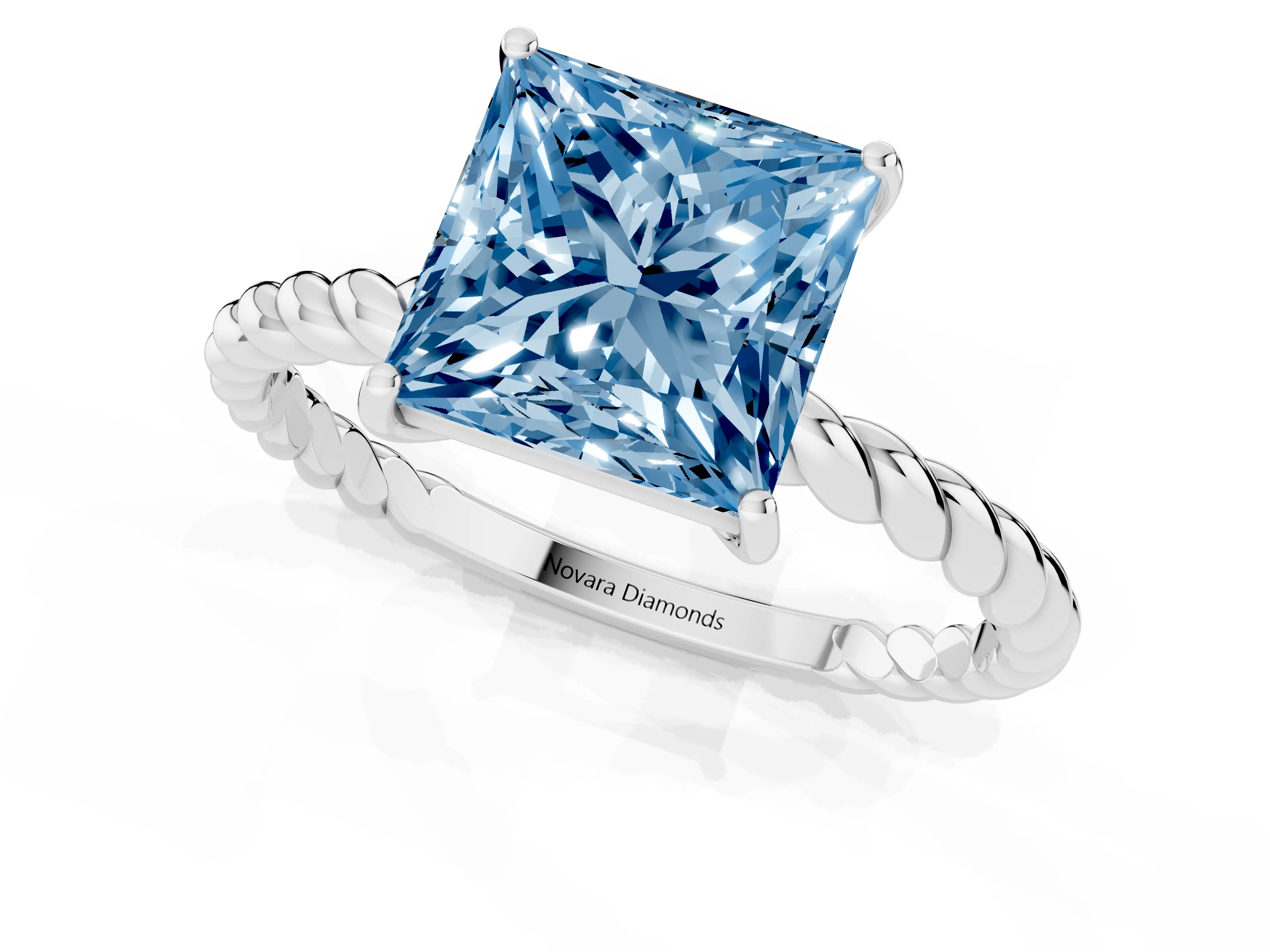 Fancy Blue Princess Cut Diamond Solitaire Ring Set in Platinum with Twist Band and Prong Setting