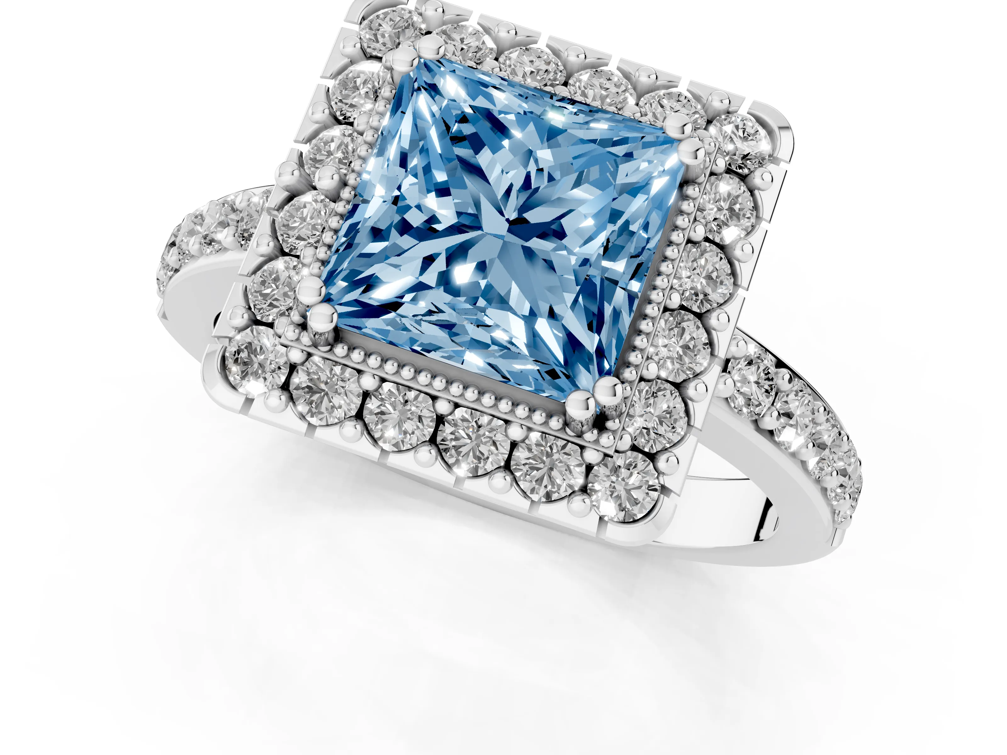 Fancy Blue Princess Cut Diamond Halo Ring Set in White gold with Pavé Shank and Prong Setting