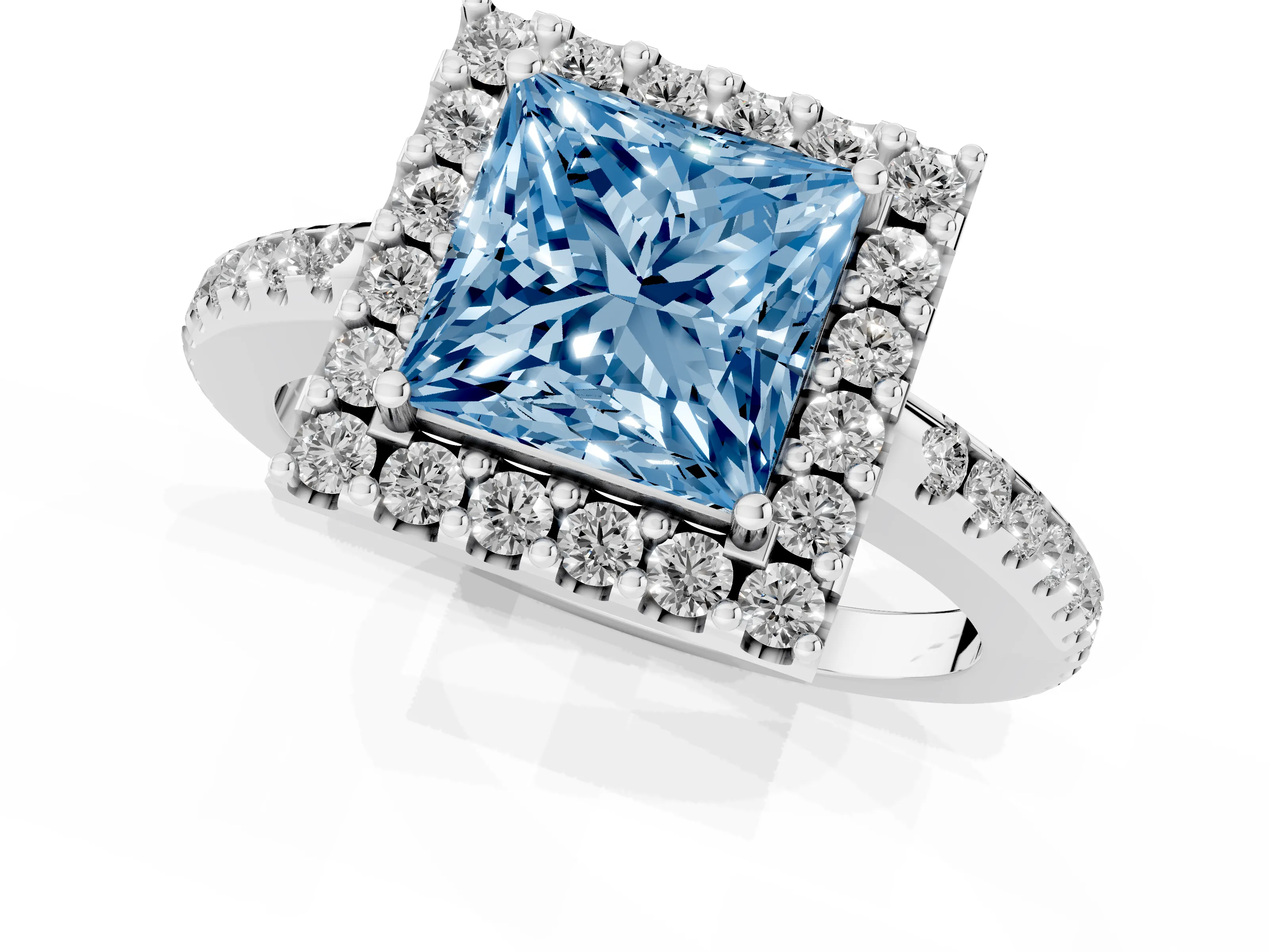 Fancy Blue Princess Cut Diamond Pavé Halo Ring Set in Silver with Prong Setting