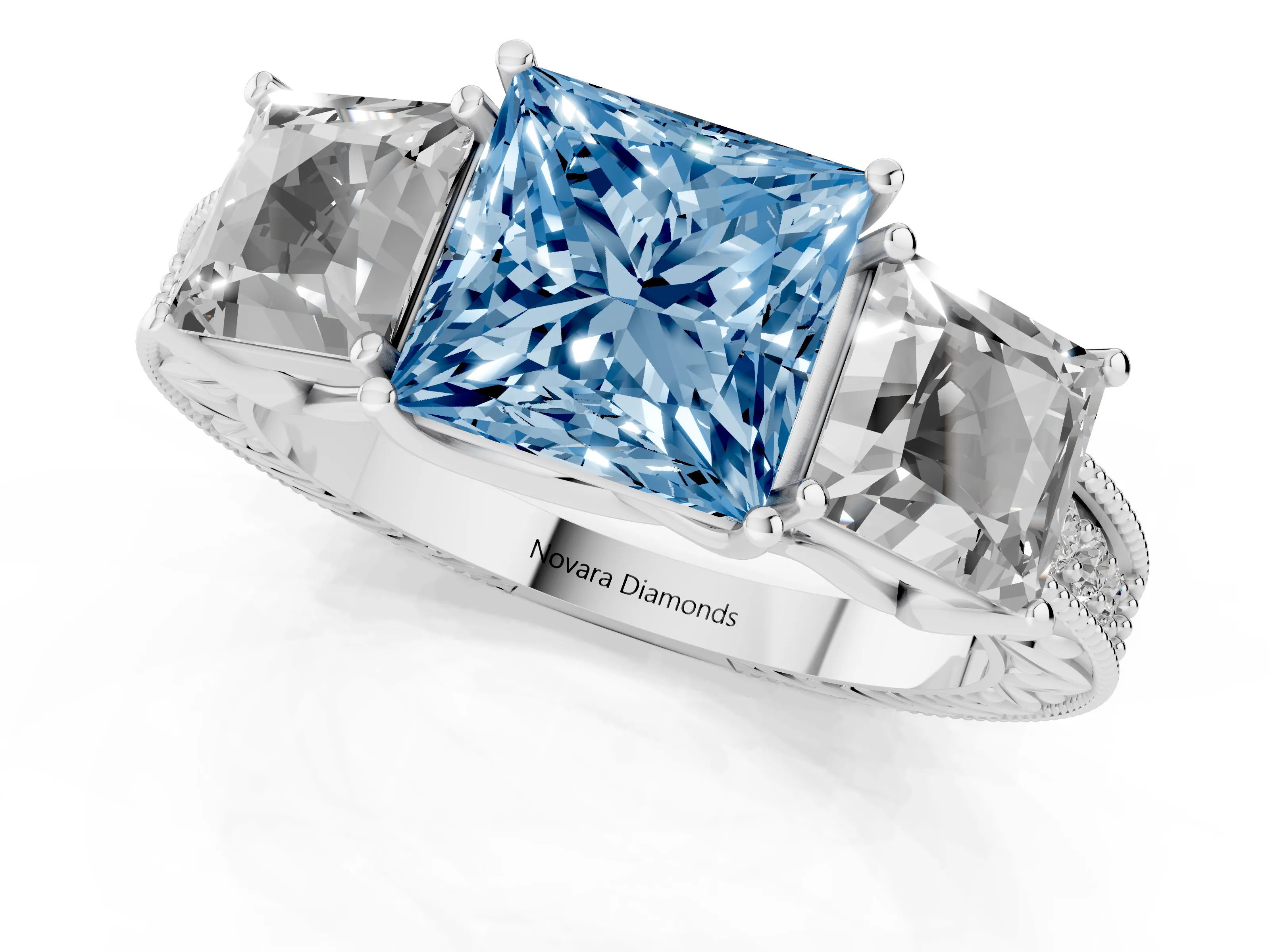 Fancy Blue Princess Cut Diamond Three-Stone Engagement Ring Set in Platinum with Milgrain Pavé Band