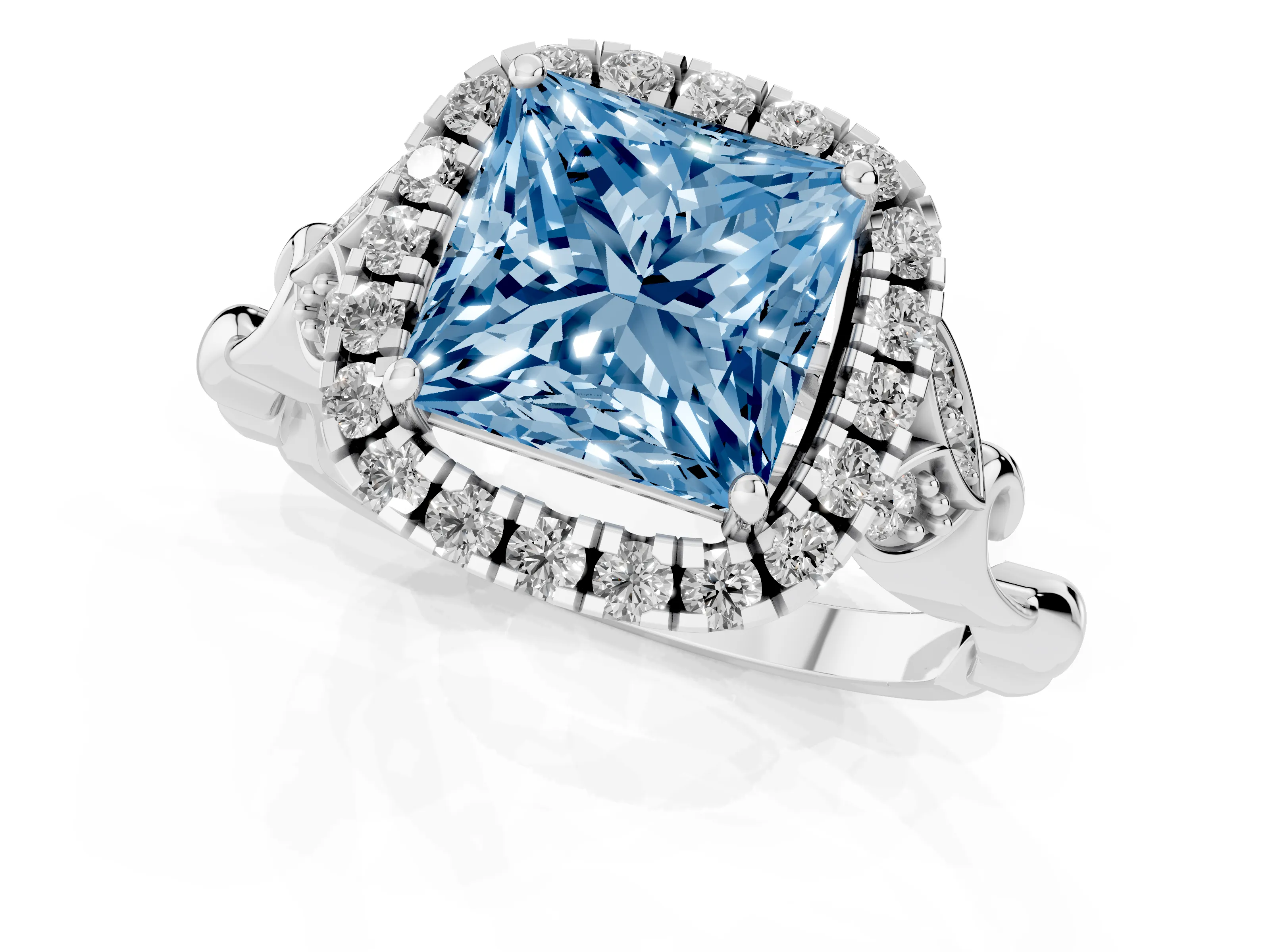 Fancy Blue Princess Cut Diamond Halo Engagement Ring Set in Platinum with Vintage-Inspired Band and Prong Setting