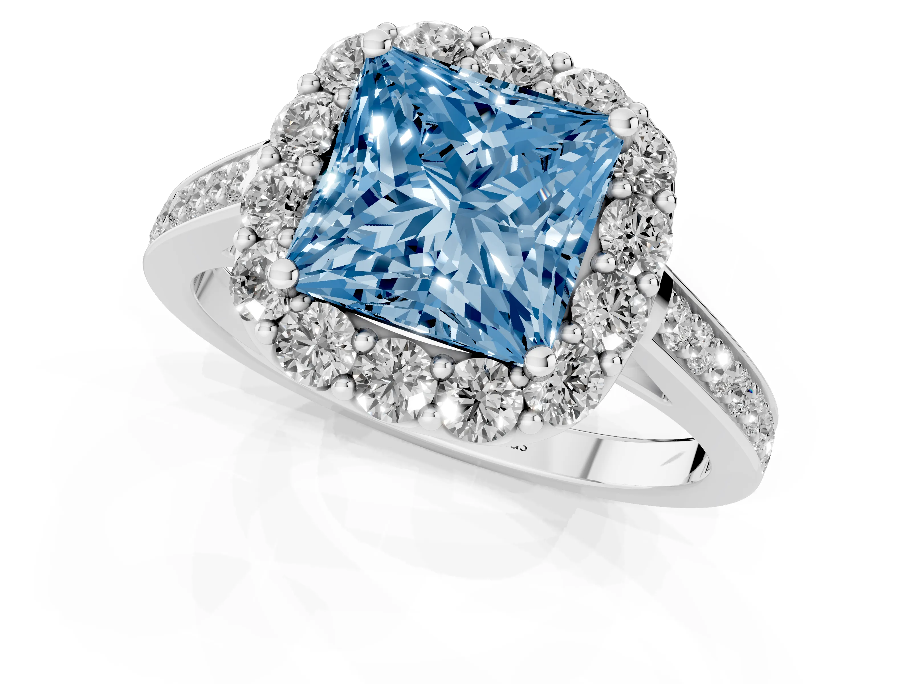Fancy Blue Princess Cut Diamond Floral Halo Ring Set in Platinum with Pavé Band and Prong Setting