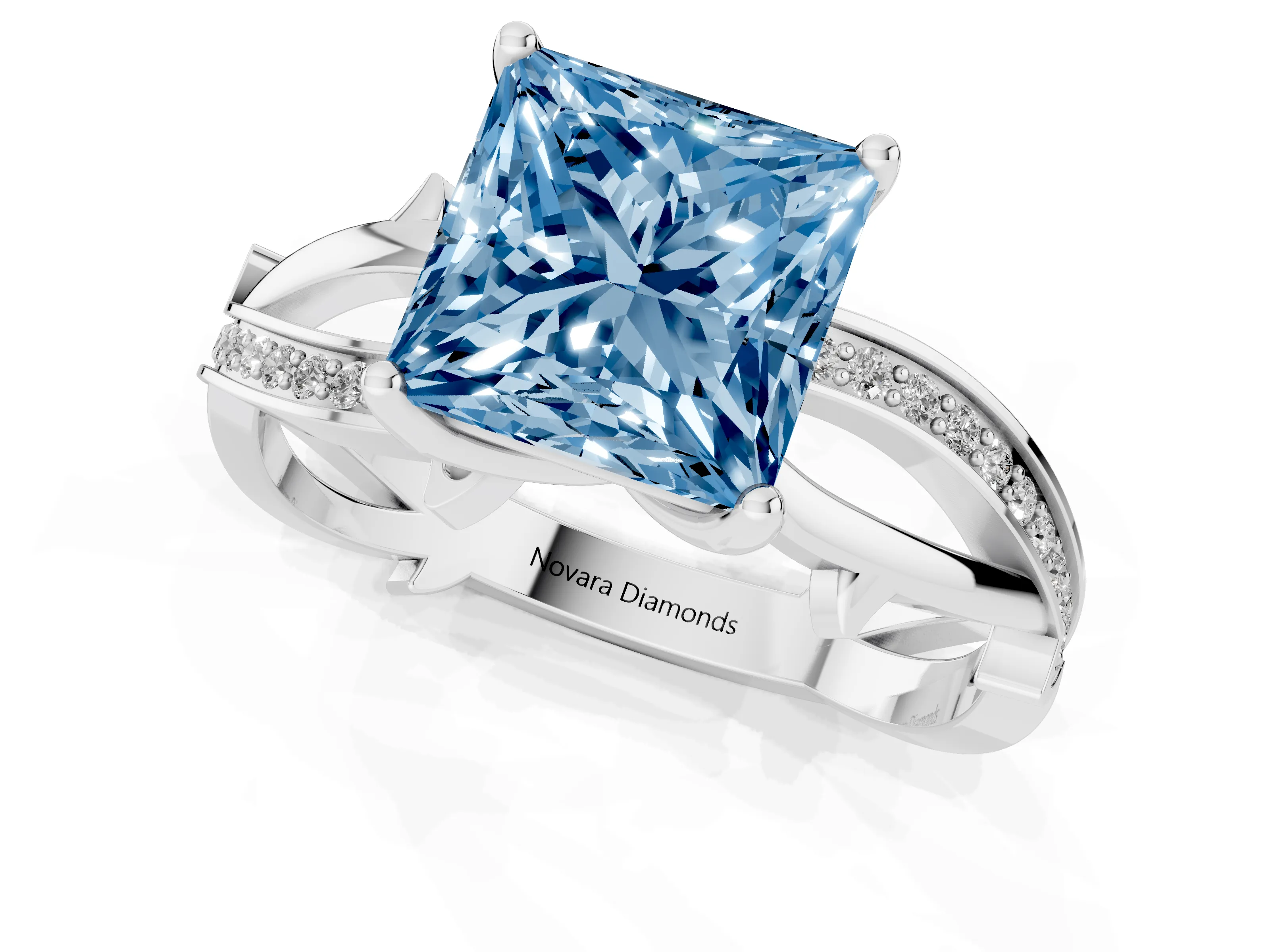 Fancy Blue Princess Cut Diamond Pavé Twist Band Solitaire Ring Set in Silver with Prong Setting