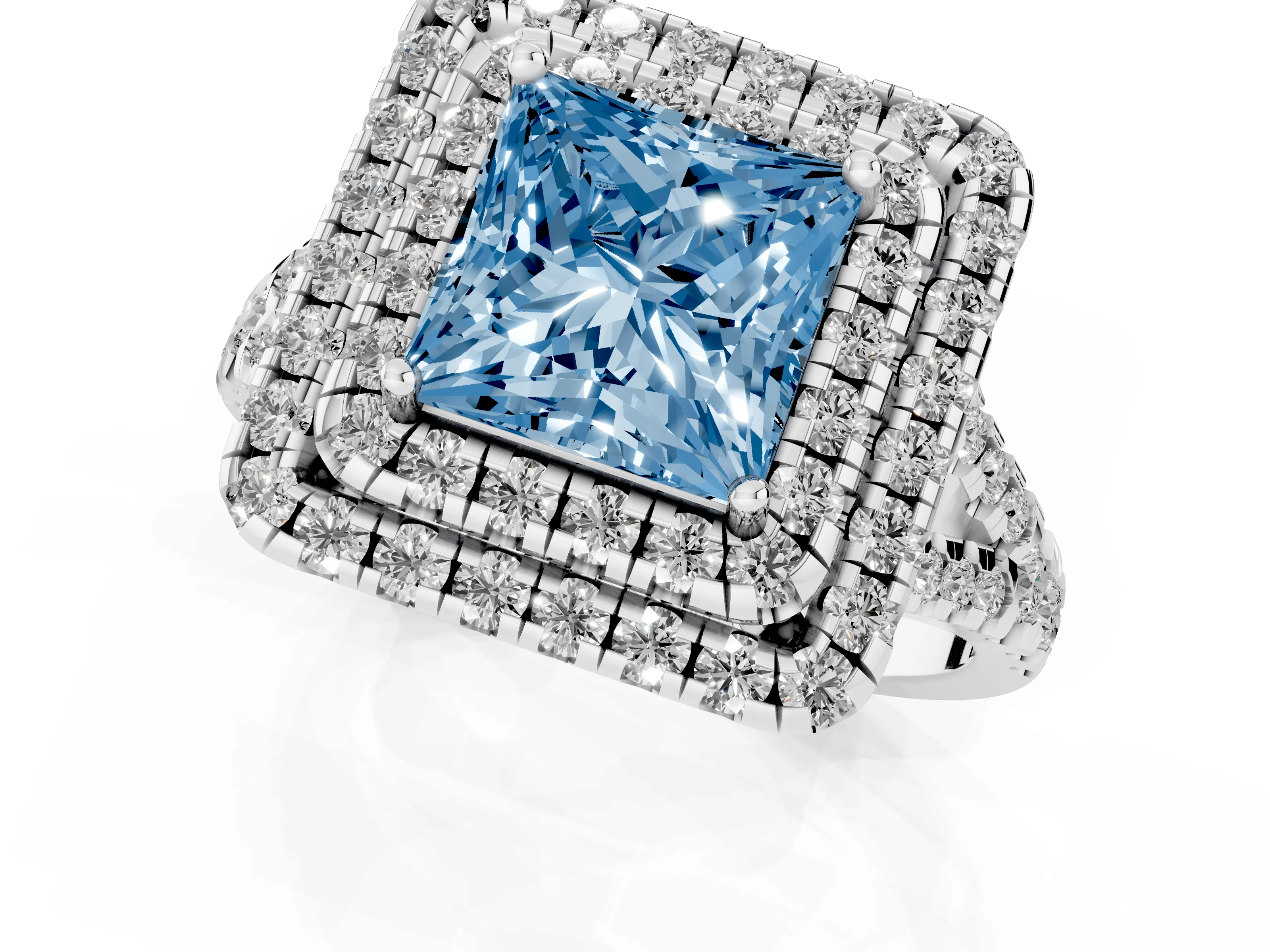 Fancy Blue Princess Cut Diamond Double Halo Ring Set in Silver with Pavé Split Shank and Prong Setting