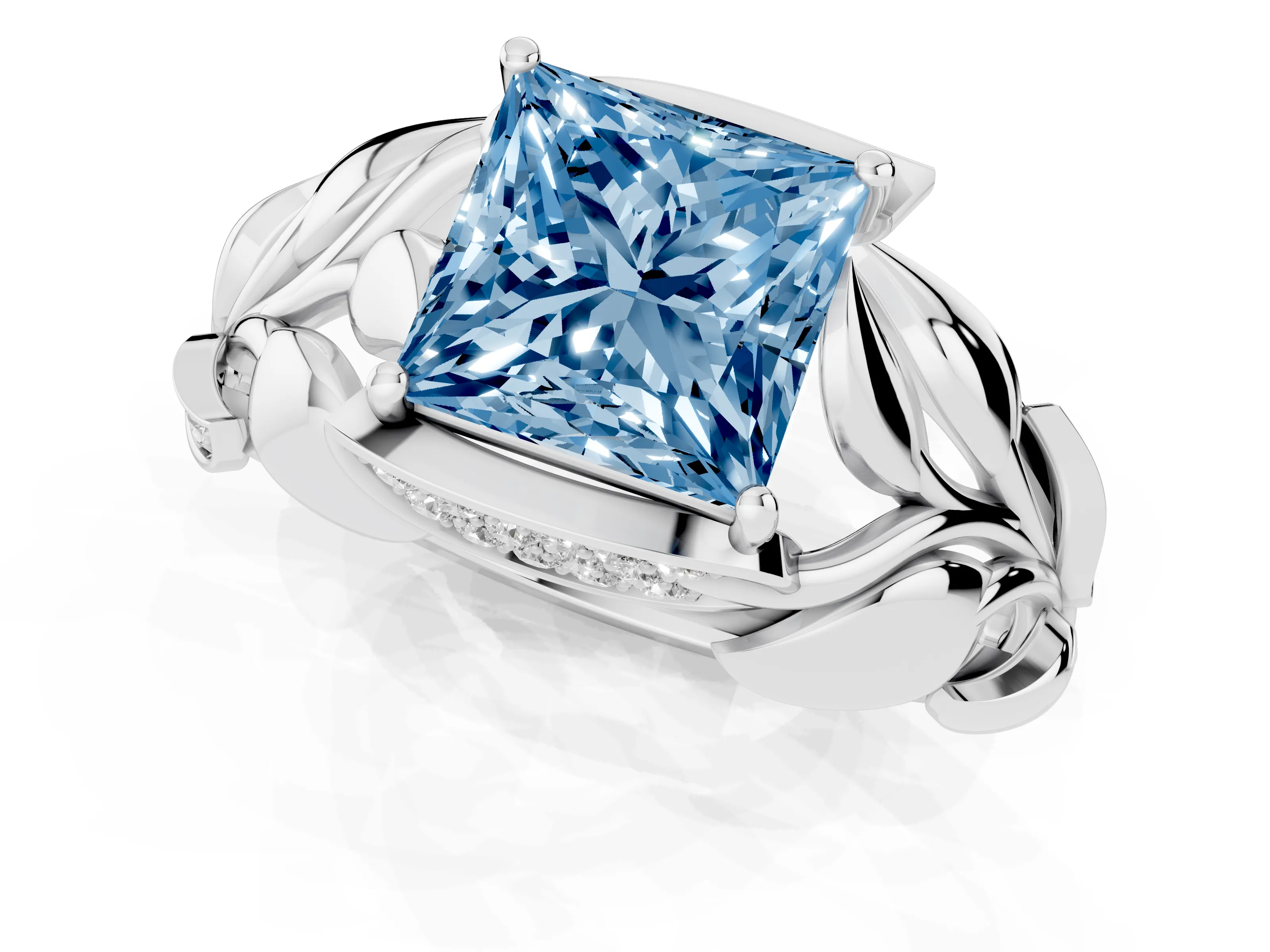 Fancy Blue Princess Cut Diamond Leaf-Inspired Engagement Ring Set in White gold with Round Accents