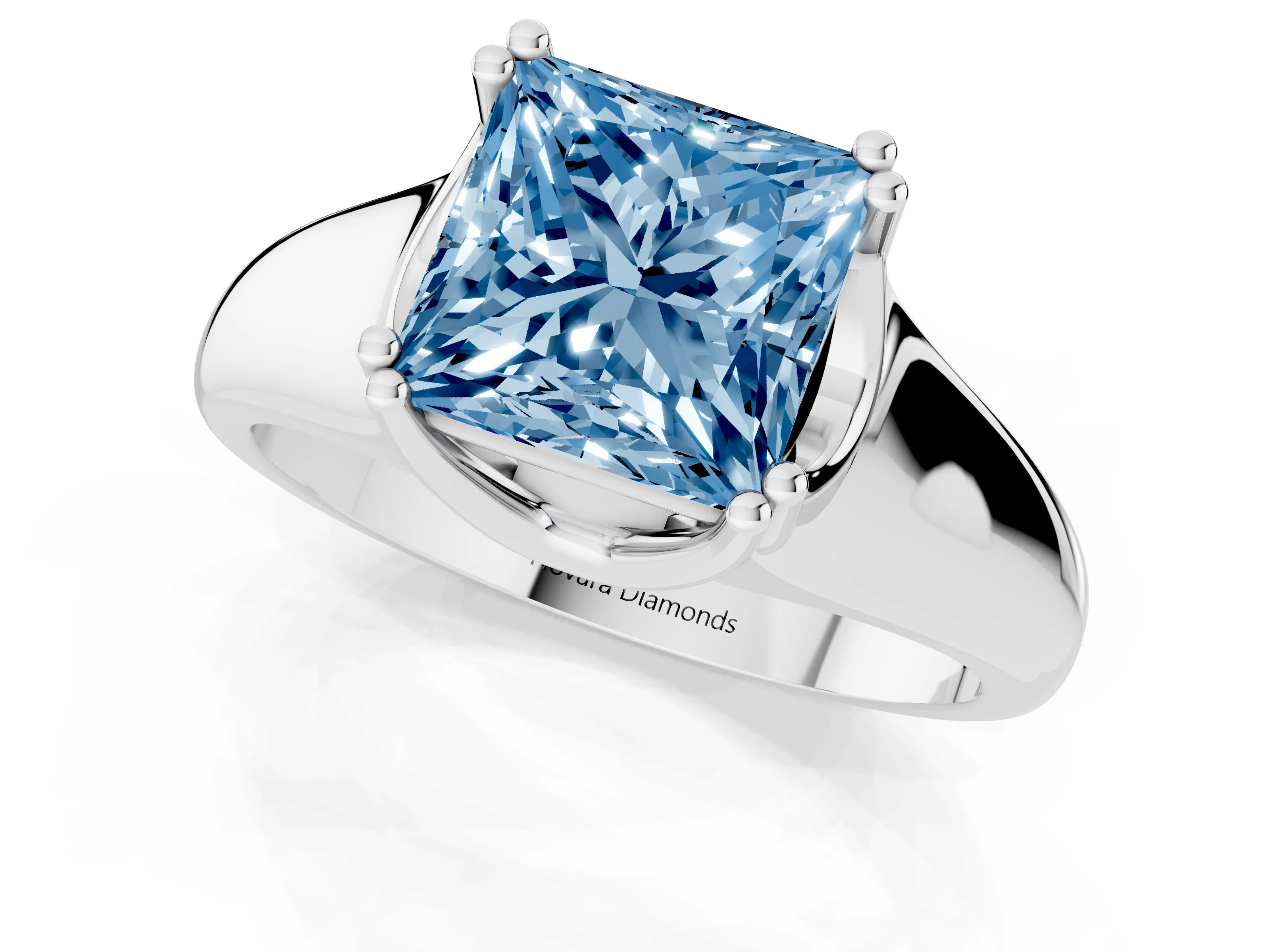 Fancy Blue Princess Cut Diamond Solitaire Ring Set in Platinum with Wide Band and Prong Setting