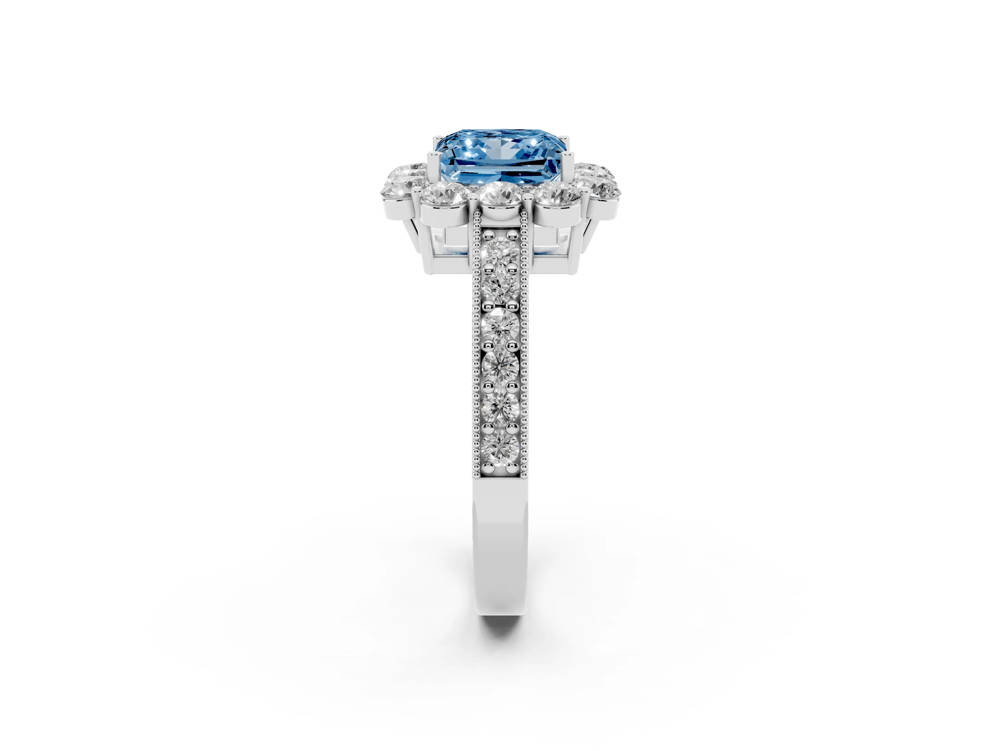 Fancy Blue Princess Cut Diamond Halo Pavé Engagement Ring Set in Platinum with Milgrain Detailing