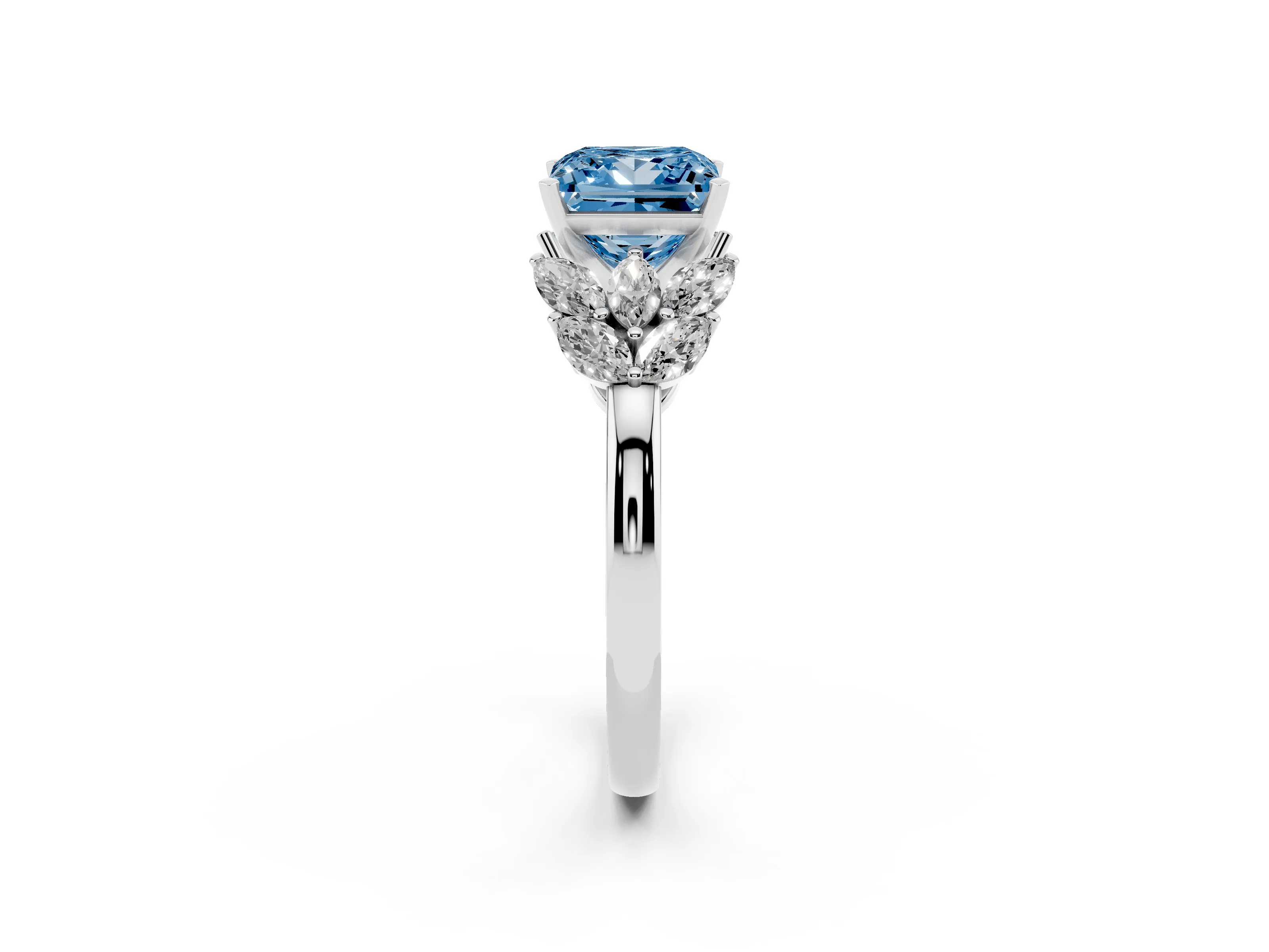 Fancy Blue Princess Cut Diamond Cluster Leaf Design Ring Set in White gold with Prong Setting