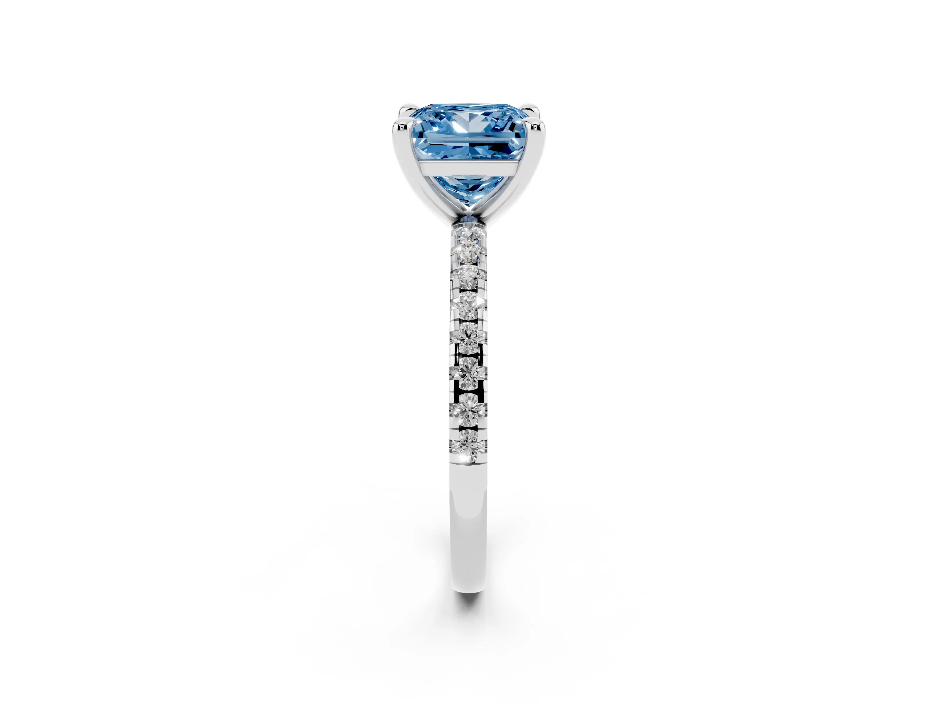 Fancy Blue Princess Cut Diamond Brilliant Solitaire Ring Set in White gold with Pavé Band and Prong Setting