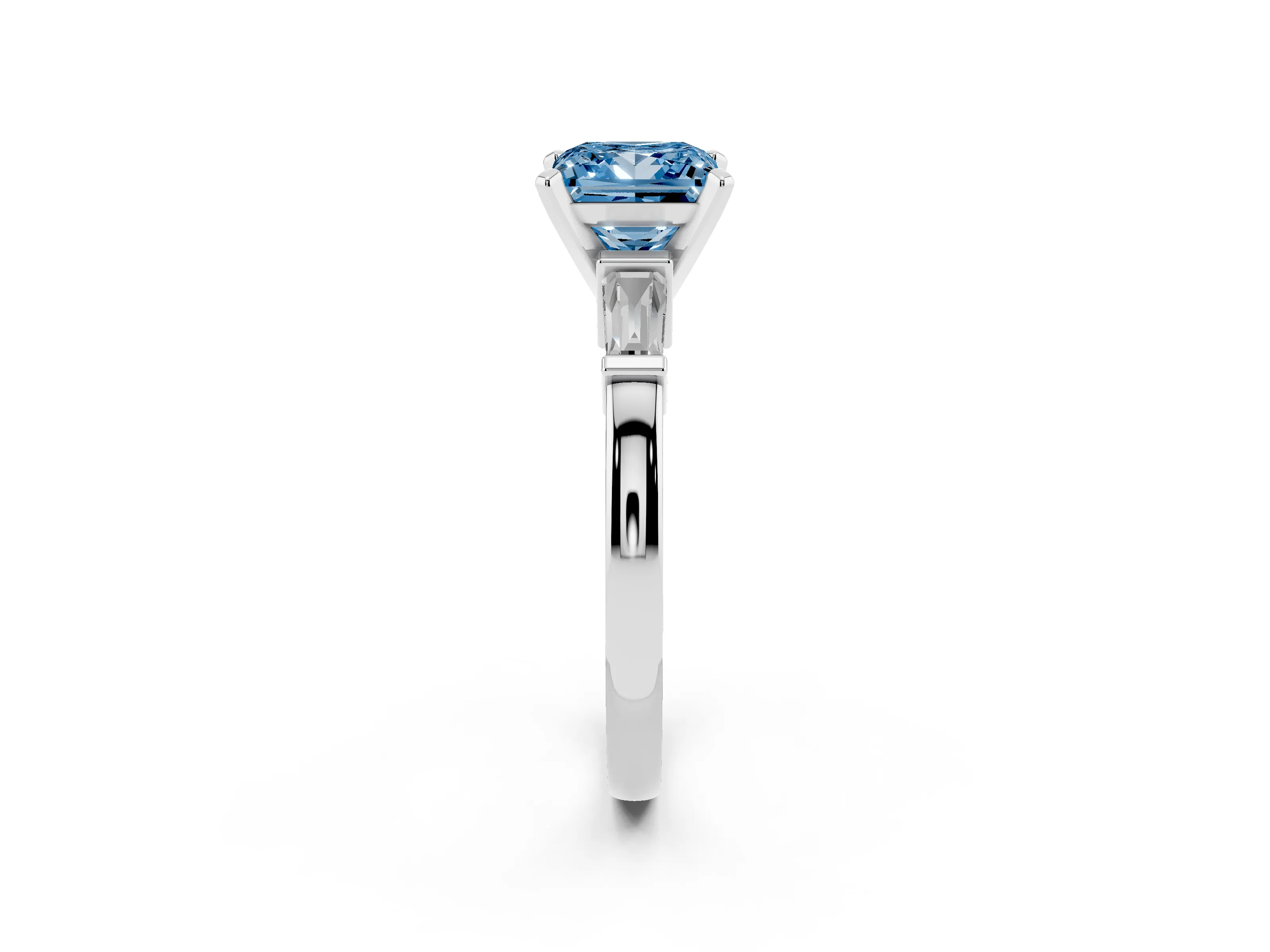 Fancy Blue Princess Cut Diamond Solitaire Ring Set in White gold with Tapered Baguette Accents and Prong Setting