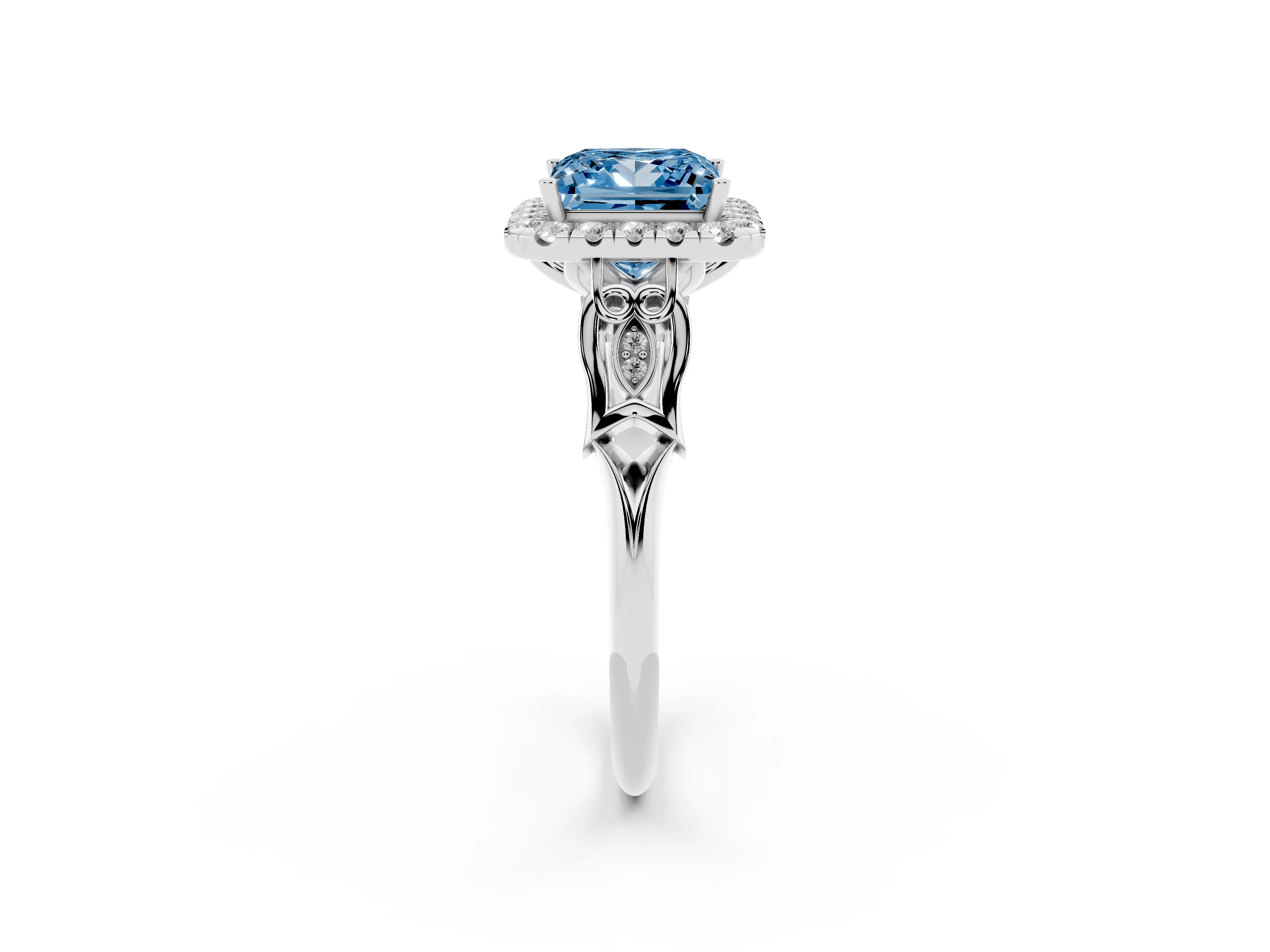 Princess Cut Halo Engagement Ring Setting for a Fancy Blue Lab-Grown Diamond | Filigree Shoulders | Platinum
