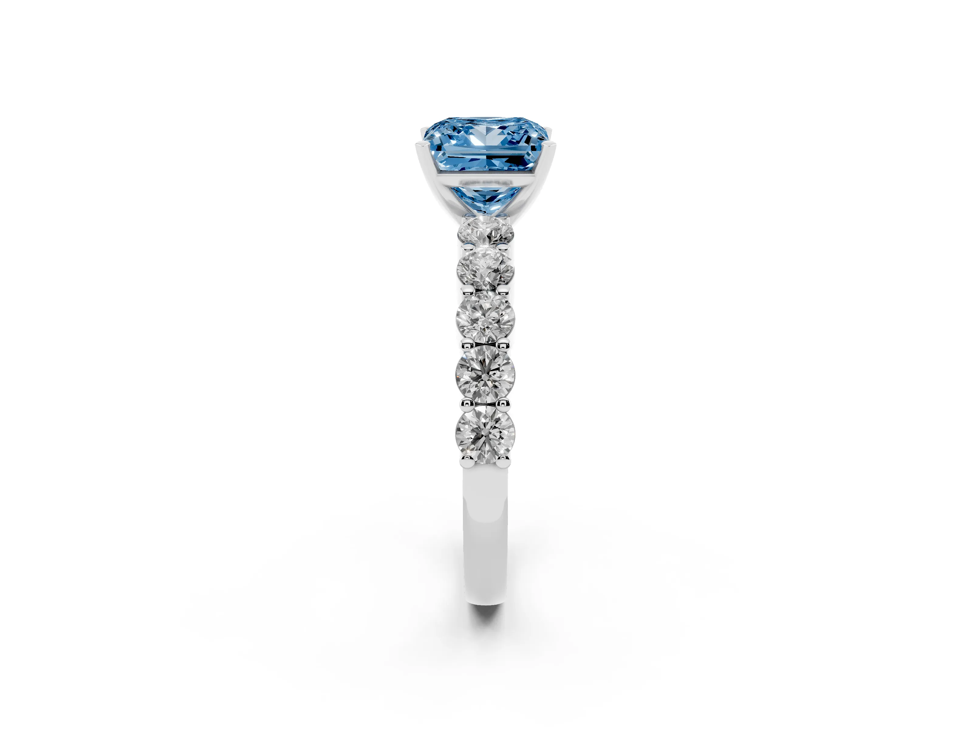 Fancy Blue Princess Cut Diamond Solitaire Ring Set in White gold with Shared Prong Round Side Stones